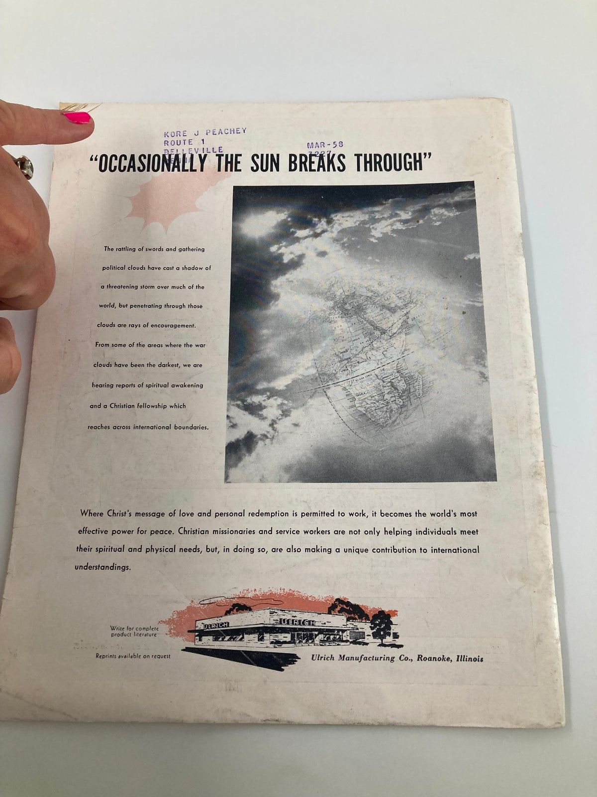 Back cover of the VTG Christian Living Magazine July 1957 showcasing a message about hope and community support.