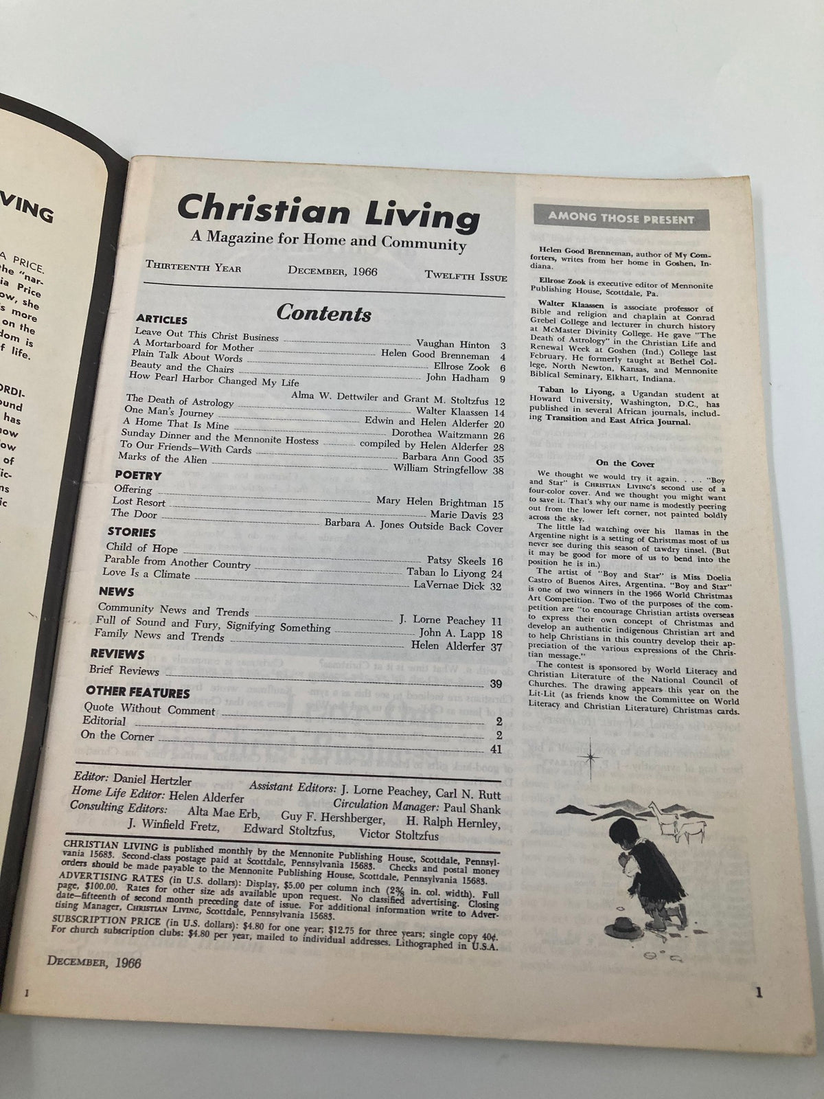 Interior page of VTG Christian Living Magazine December 1966 showing article contents, with the magazine title prominently displayed.