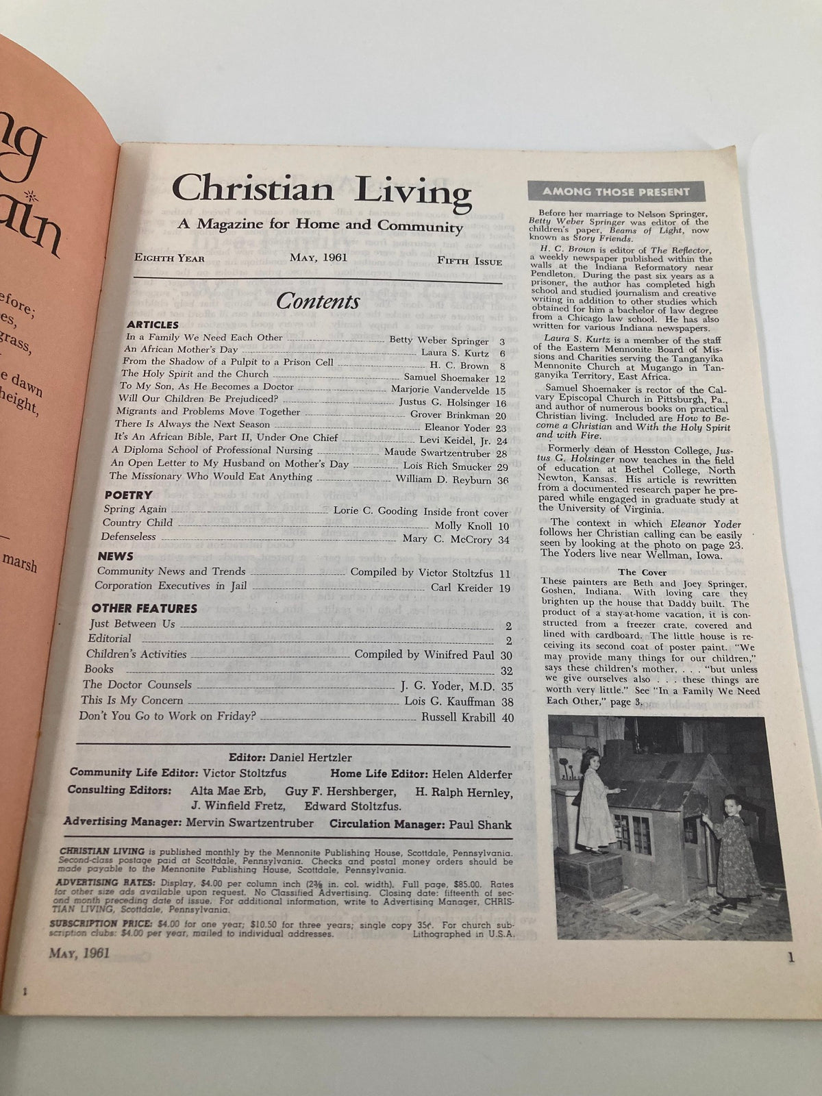 Contents page of VTG Christian Living Magazine May 1961, listing articles and features related to family and community.