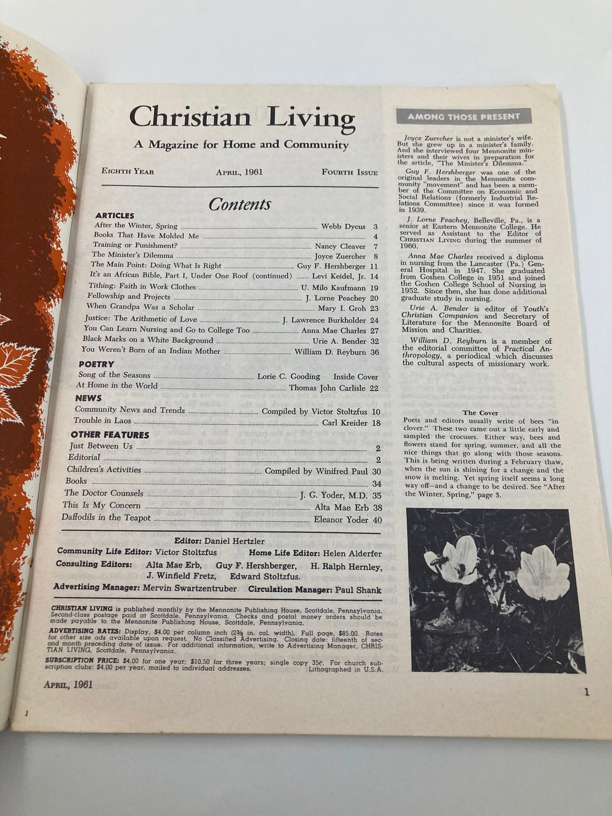 Contents page of VTG Christian Living Magazine April 1961, detailing articles such as 'After The Winter, Spring' and various features.