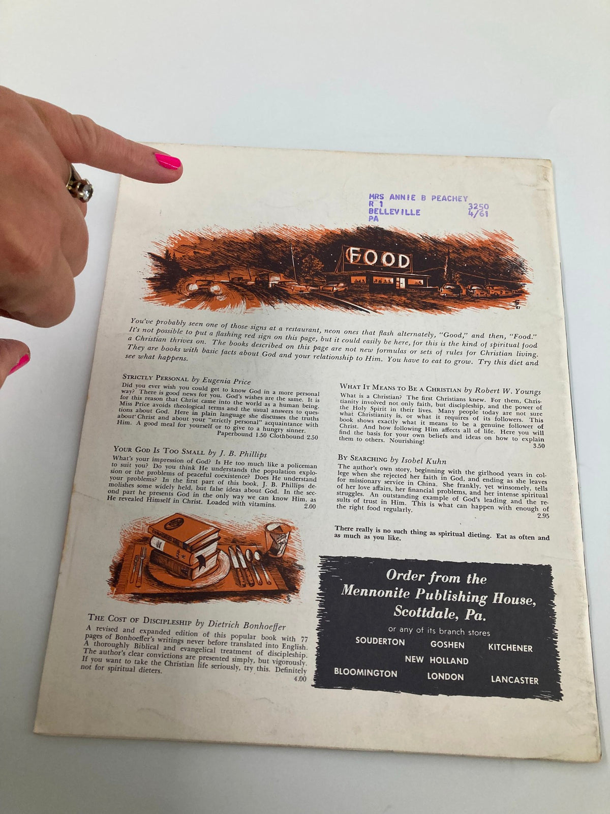 Back cover of VTG Christian Living Magazine April 1961 showing an illustrated design and label, with a focus on the publication's details.
