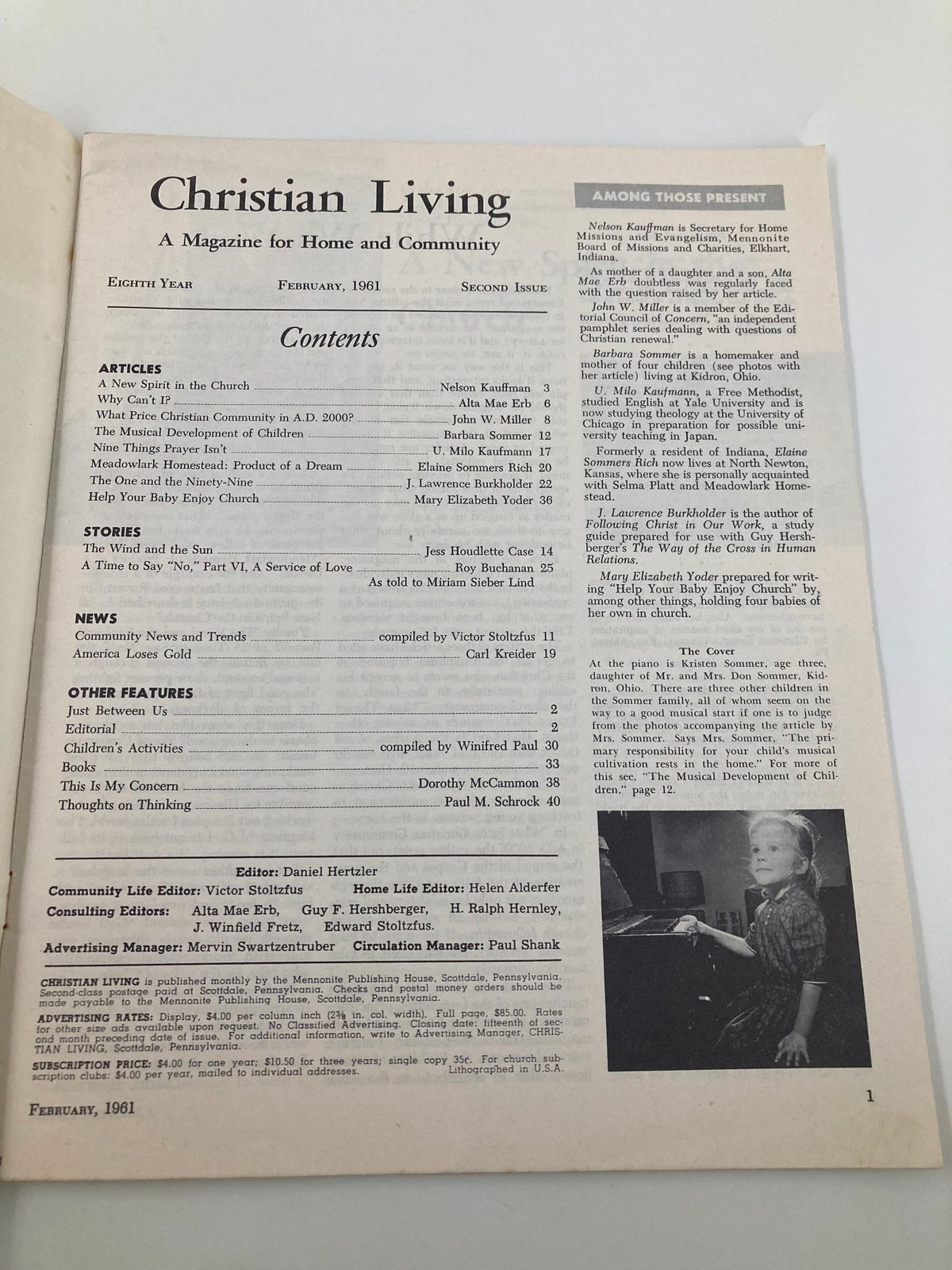 Contents page of VTG Christian Living Magazine February 1961, detailing articles including 'The Musical Development of Children'.
