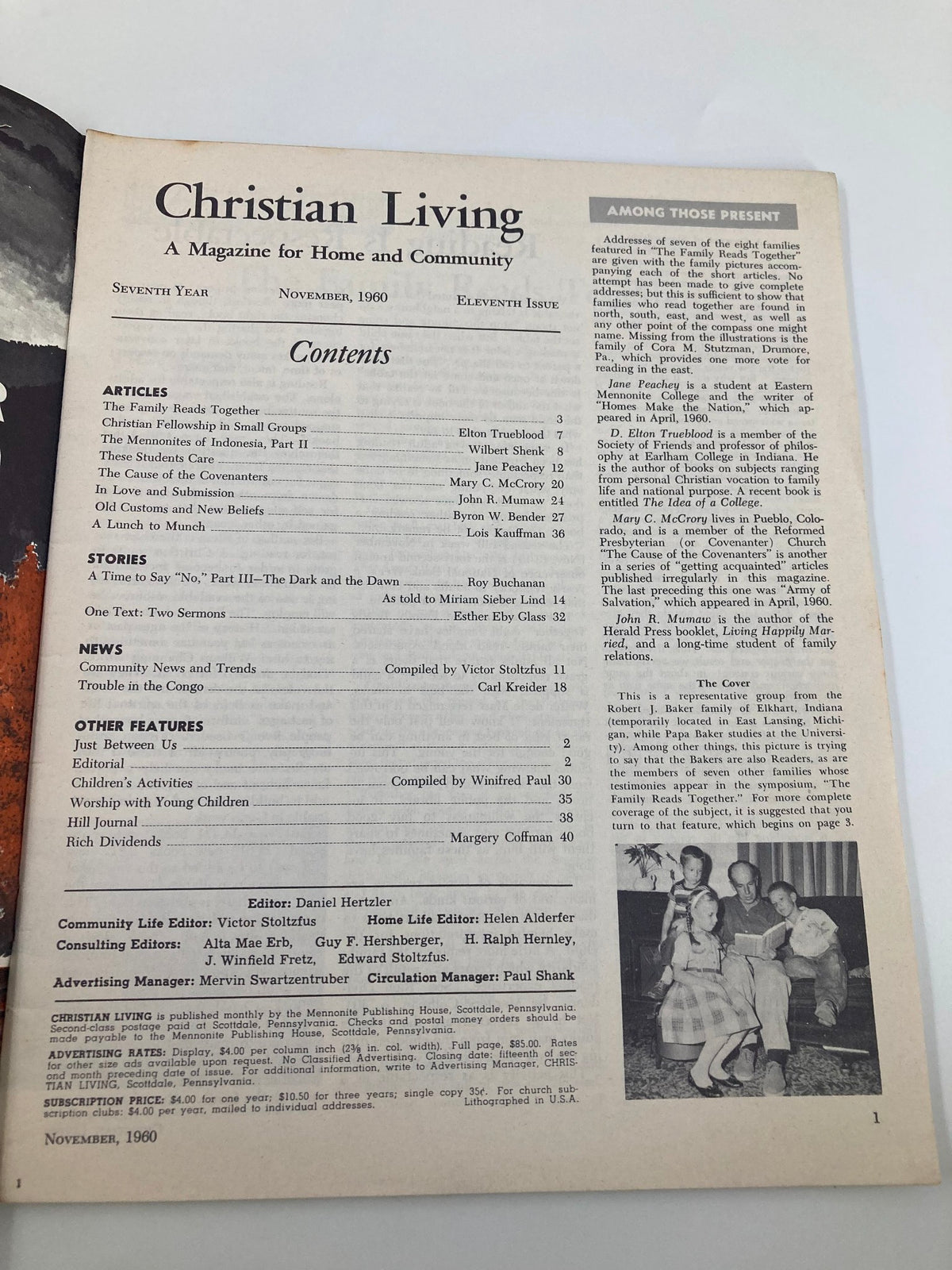 Interior page of Vintage Christian Living Magazine November 1960 showcasing the table of contents, featuring articles on family reading, community life, and children’s activities.