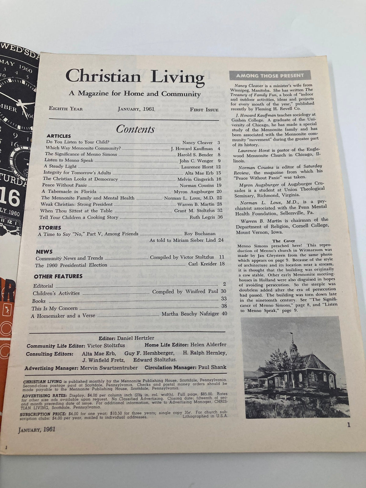 Contents page of VTG Christian Living Magazine January 1961, highlighting articles and features related to Menno Simons.