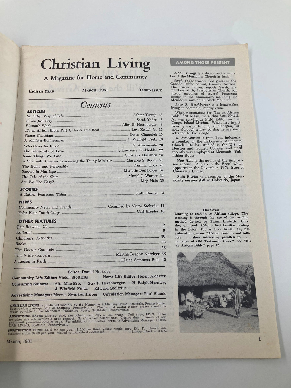 Inside page of the Vintage Christian Living Magazine March 1961 showcasing the table of contents and various articles related to faith and culture.
