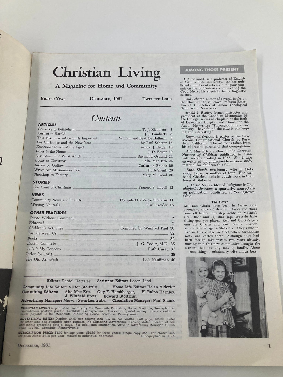Contents page of the December 1961 issue of Christian Living Magazine, showcasing articles and features related to the theme 'Wives Are Missionaries Too,' including various community and home-related topics.