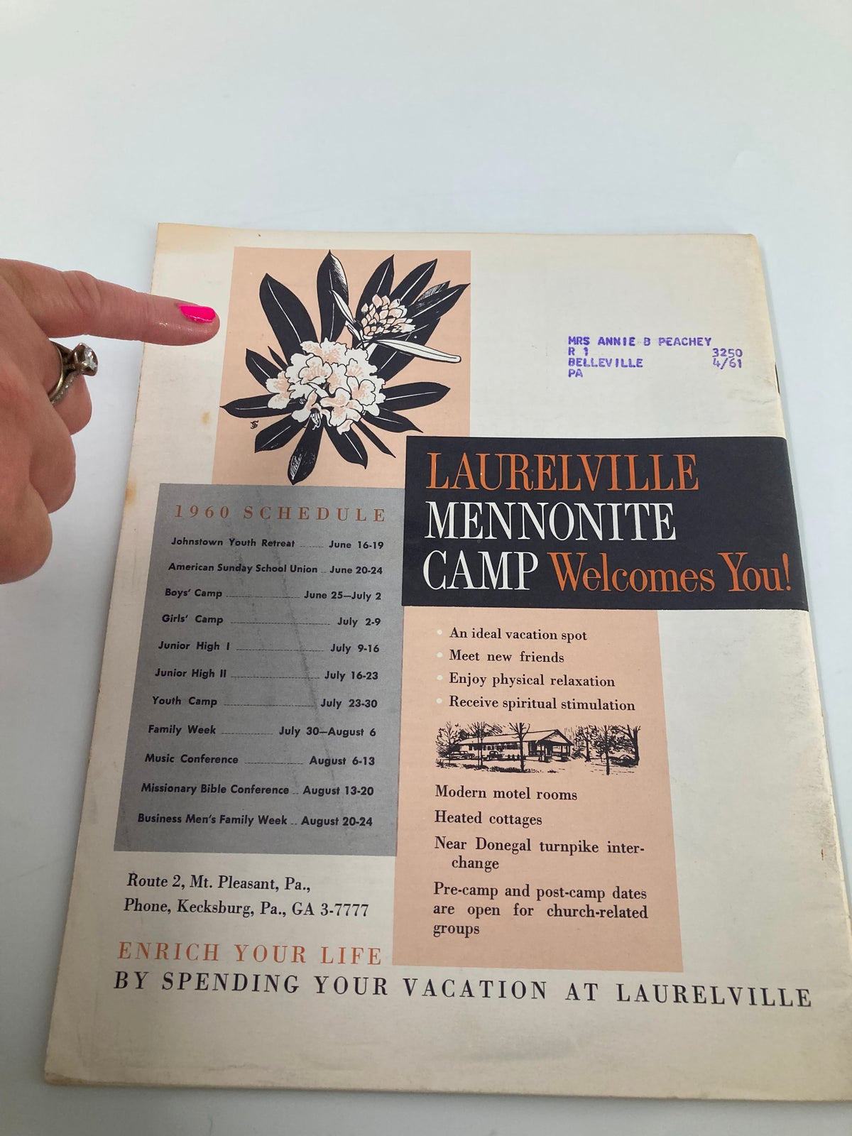 Back cover of VTG Christian Living Magazine May 1960 showcasing advertisement for Laurelville Mennonite Camp with schedule and activities.