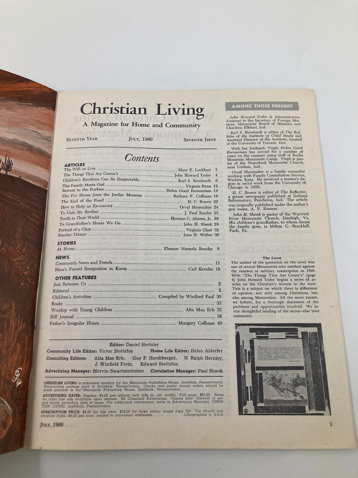 Interior page of VTG Christian Living Magazine July 1960 featuring the table of contents, listing articles such as 'The Things That Are Caesar's' and other topics reflecting on faith and community.