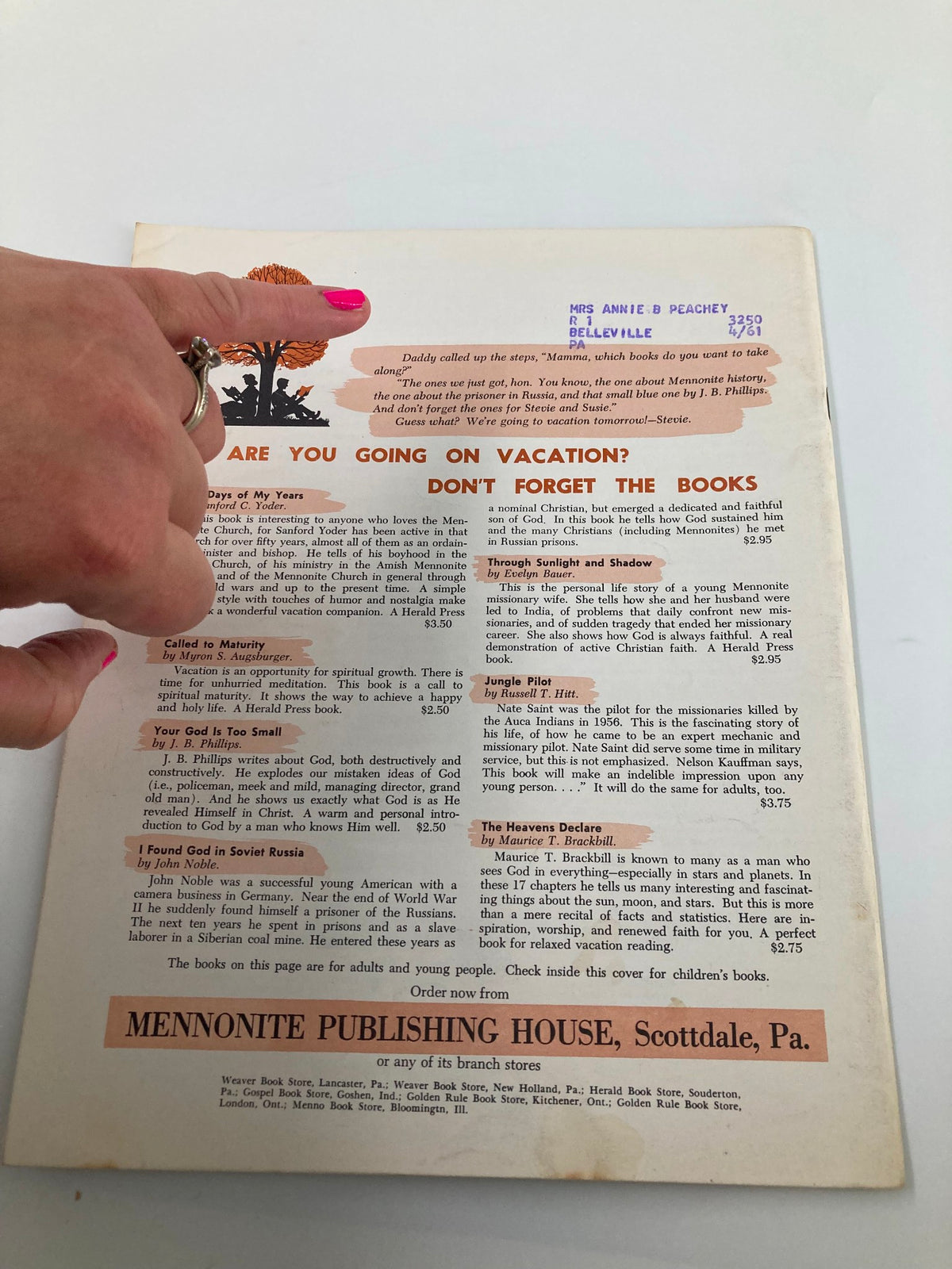 Back cover of VTG Christian Living Magazine July 1960 showing advertisements for books and publications, with personal handwritten notes, emphasizing the magazine’s connection to Christian literature.
