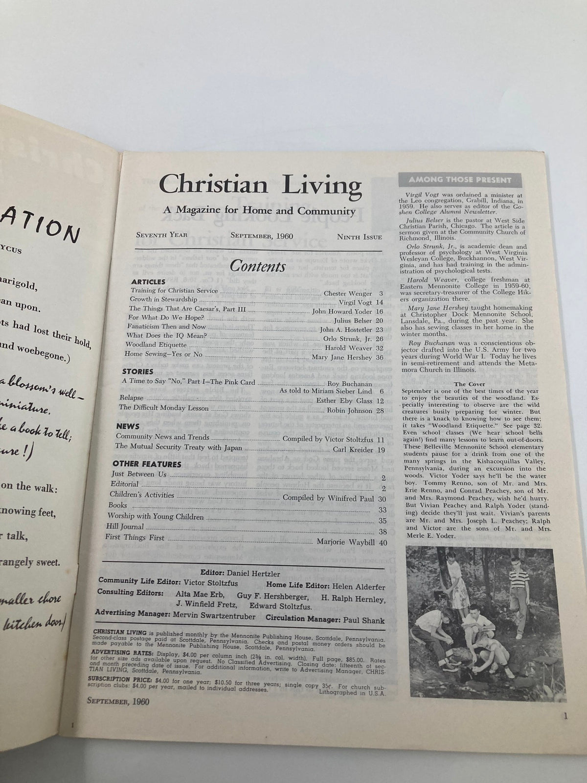 Inside page of the VTG Christian Living Magazine September 1960, featuring contents and articles, including 'Woodland Etiquette' and 'Wildlife observation is fun'.