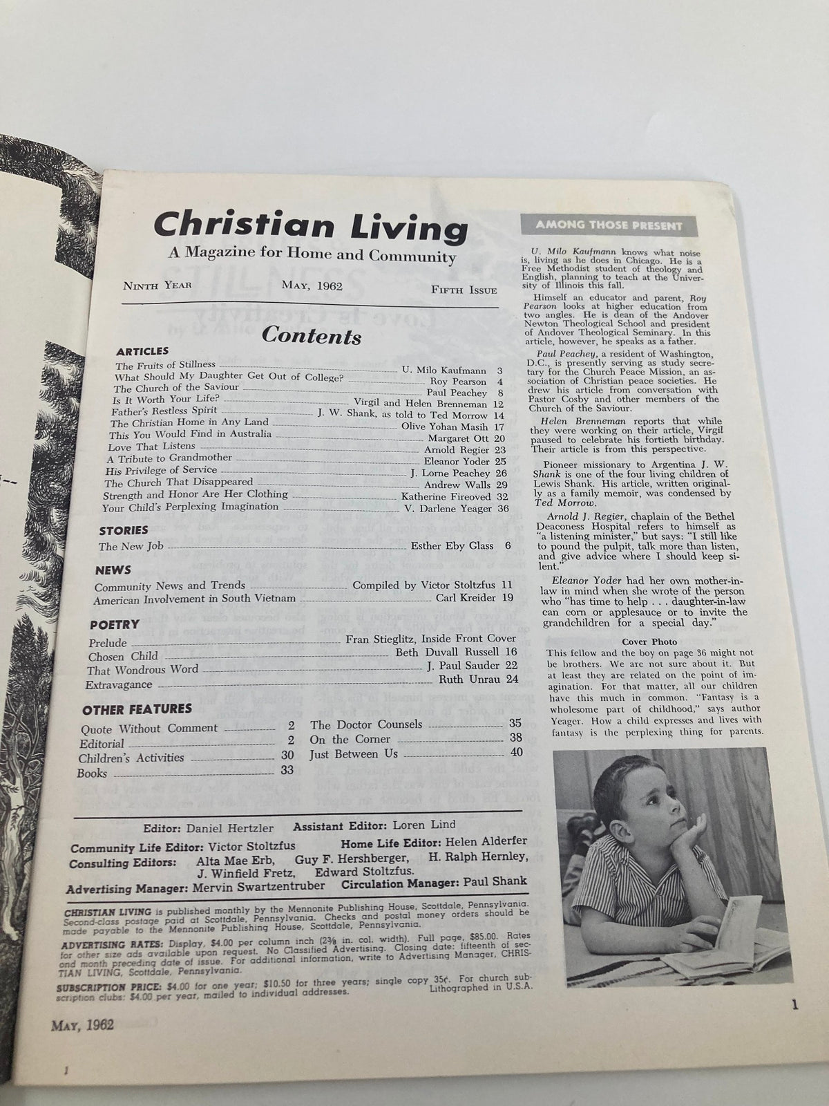 Contents page of VTG Christian Living Magazine, May 1962, listing articles, stories, and poems, highlighting the theme 'Your Child's Perplexing Imagination'.