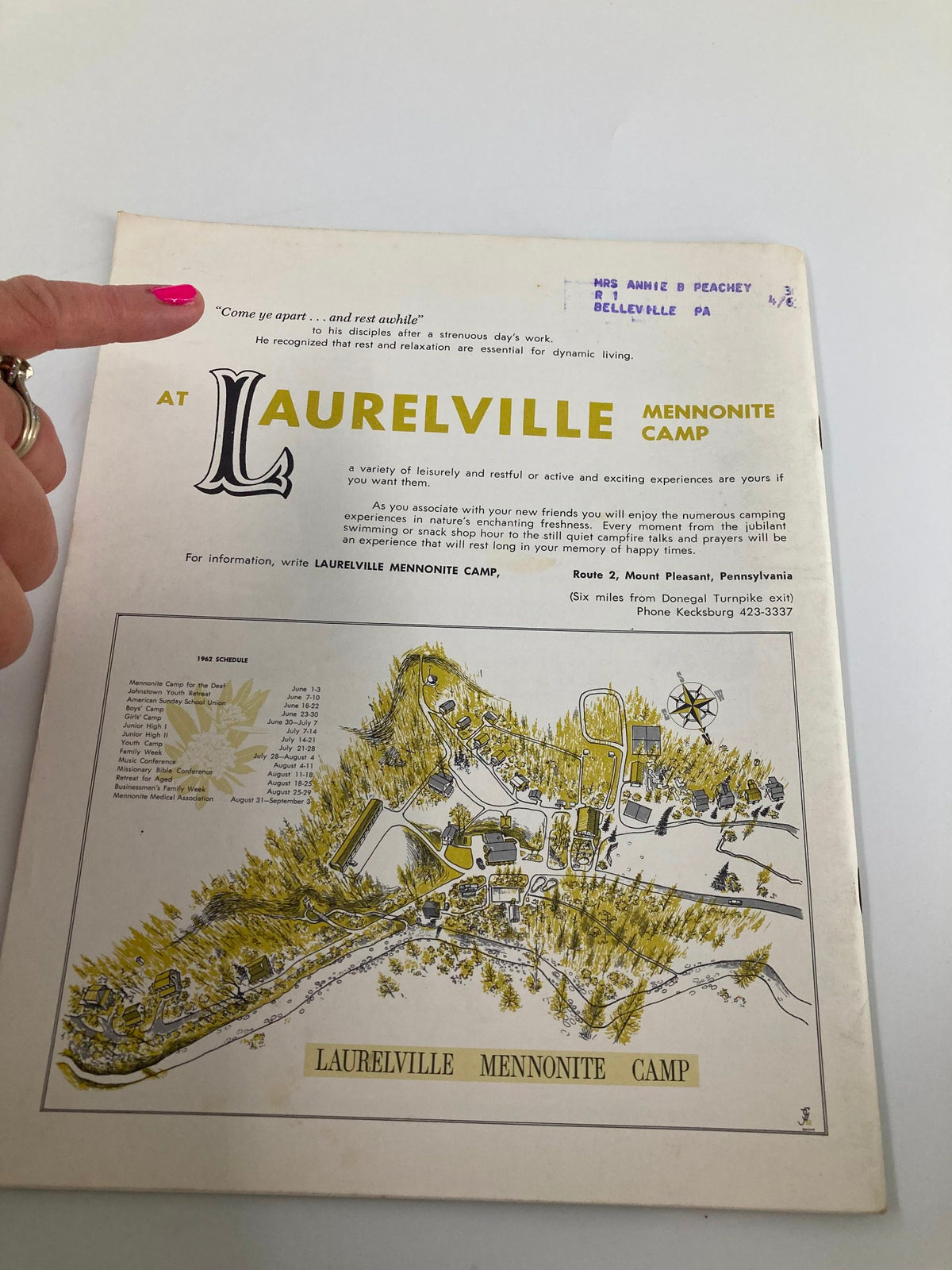 Cover of the VTG Christian Living Magazine May 1962, featuring a map of Laurelville Mennonite Camp and a message inviting visitors to enjoy nature and leisure activities. This issue explores the theme 'Your Child's Perplexing Imagination'.