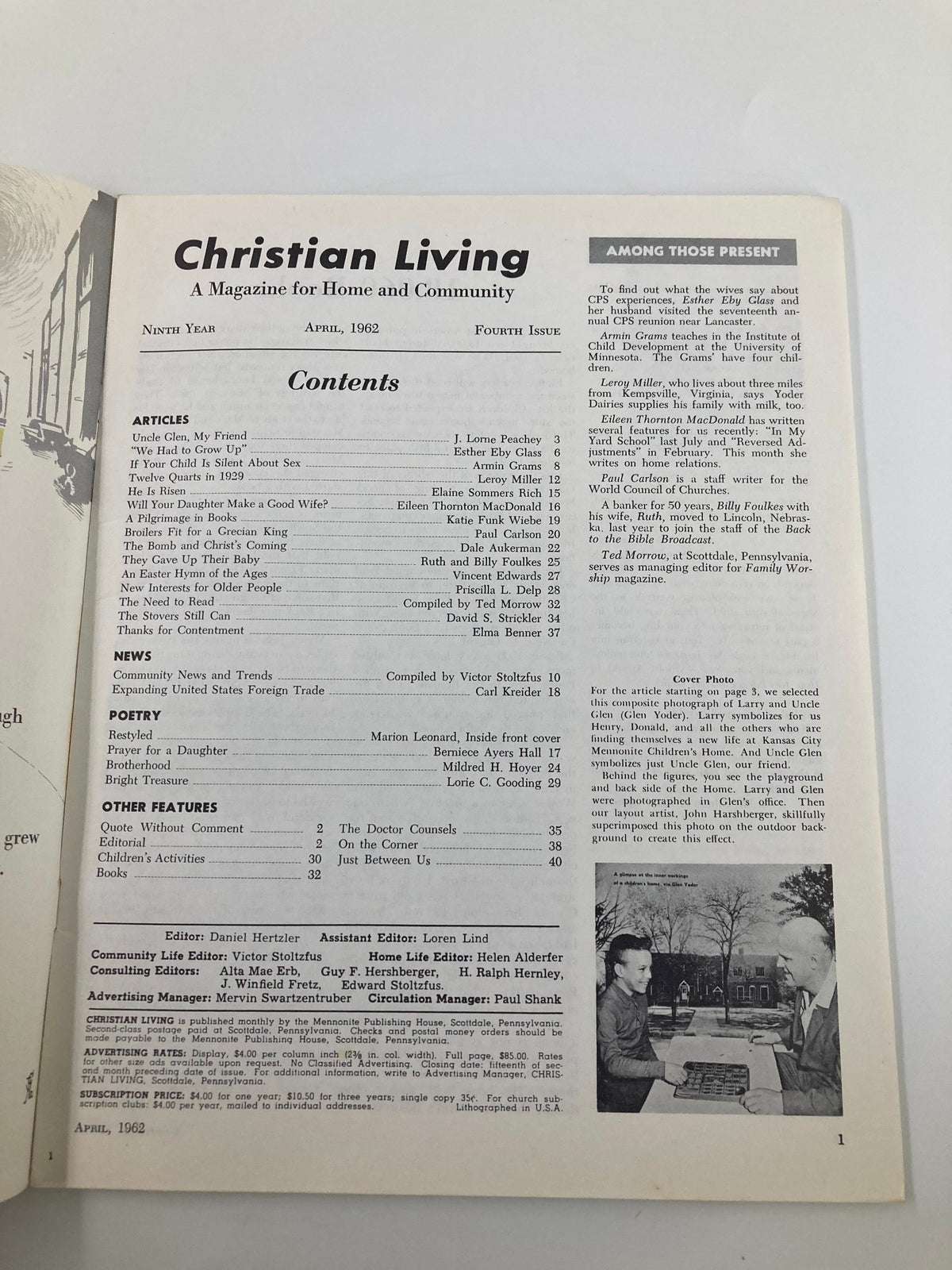 Contents page of the VTG Christian Living Magazine April 1962, listing articles and features reflecting the themes and values of the 1960s Christian community.
