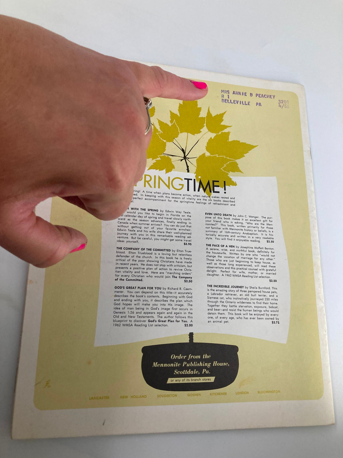 Back cover of the VTG Christian Living Magazine April 1962, displaying a Springtime theme and a personal label, adding charm to this vintage publication.