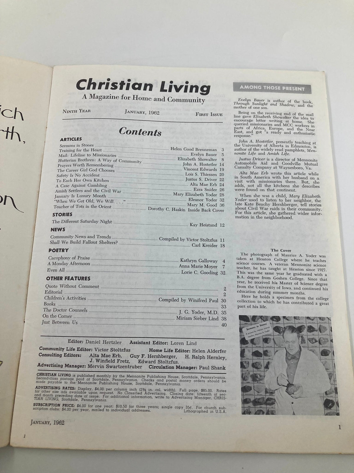 Interior page of VTG Christian Living Magazine January 1962, showcasing contents and articles, including a feature on Maurice A. Yoder.