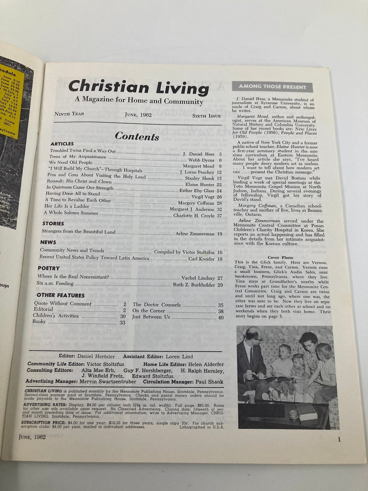 Inside view of the VTG Christian Living Magazine from June 1962, featuring the contents page and introductory articles related to spirituality and community themes.