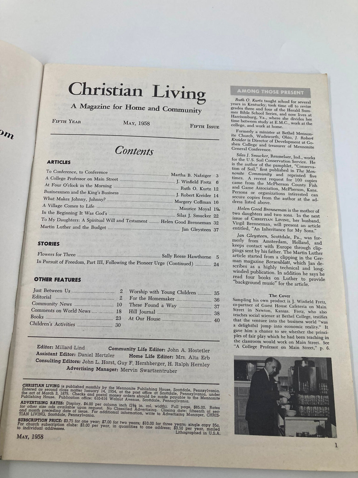 Contents page of VTG Christian Living Magazine May 1958, outlining articles and stories including 'A College Professor on Main Street' and other features.