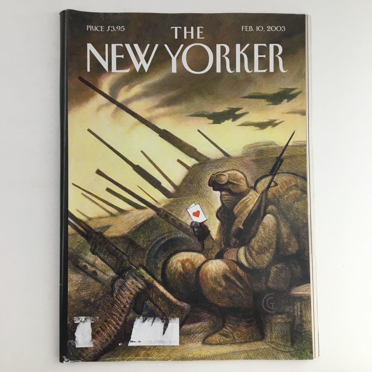 The New Yorker Full Magazine February 10 2003 V-Day Cover by Carter Goodrich featuring a soldier holding a Valentine's Day card, amidst a war-torn landscape.