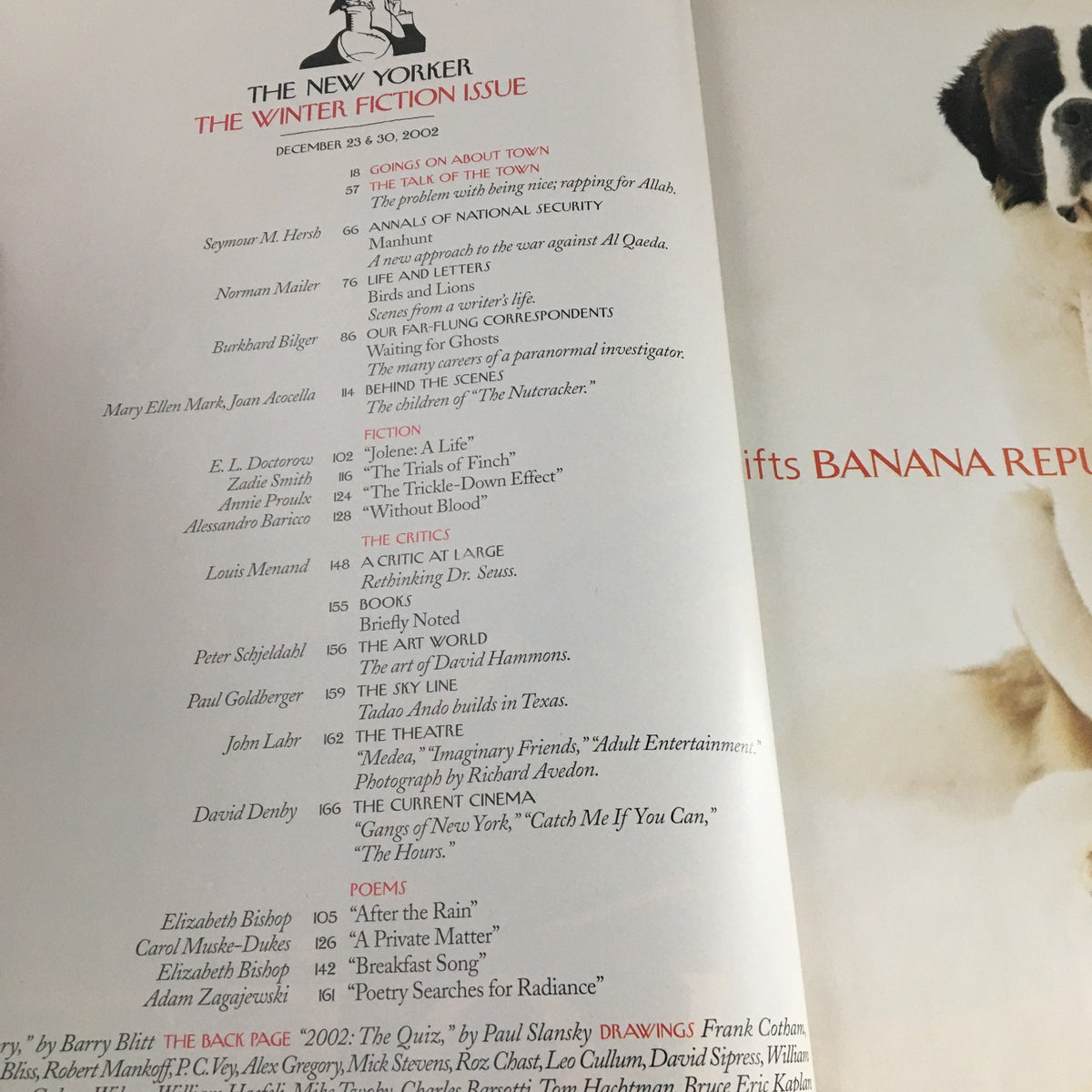 Interior page spread of The New Yorker December 23 2002 Winter Fiction issue, displaying the table of contents and features of the magazine, highlighting its literary contributions.