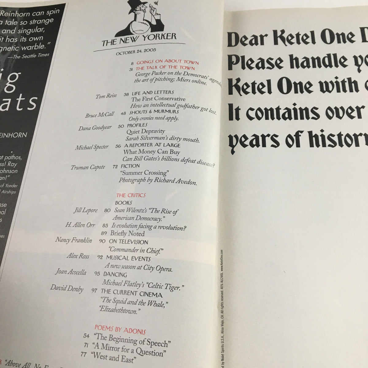 Inside page of The New Yorker October 24 2005 magazine featuring magazine contents and editorial notes, showcasing the title and theme cover by Jean-Jacques Sempé.