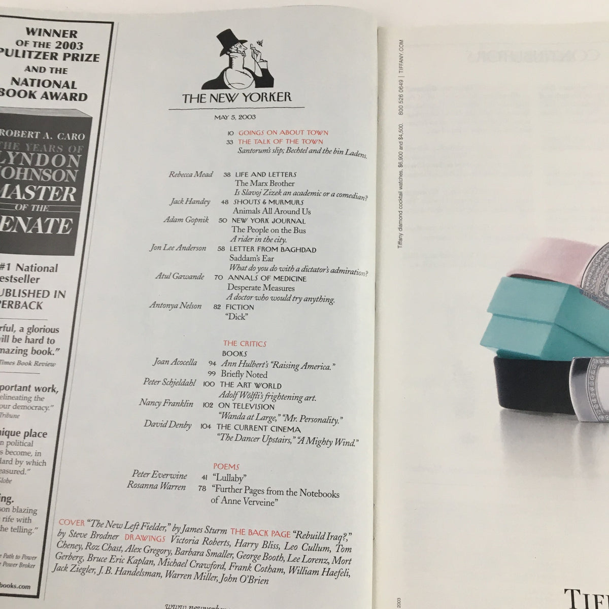 Inside page of The New Yorker magazine from May 5, 2003, displaying the table of contents for the issue, highlighting articles and features.