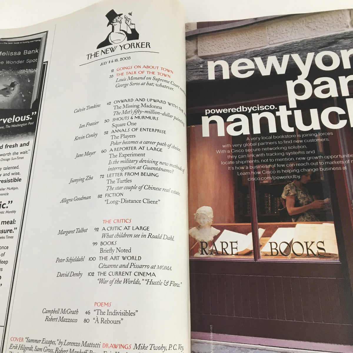 Interior page of The New Yorker July 11 2005 magazine showcasing article titles, including 'new yorker' and features like book recommendations, perfect for enhancing magazine collection insights.