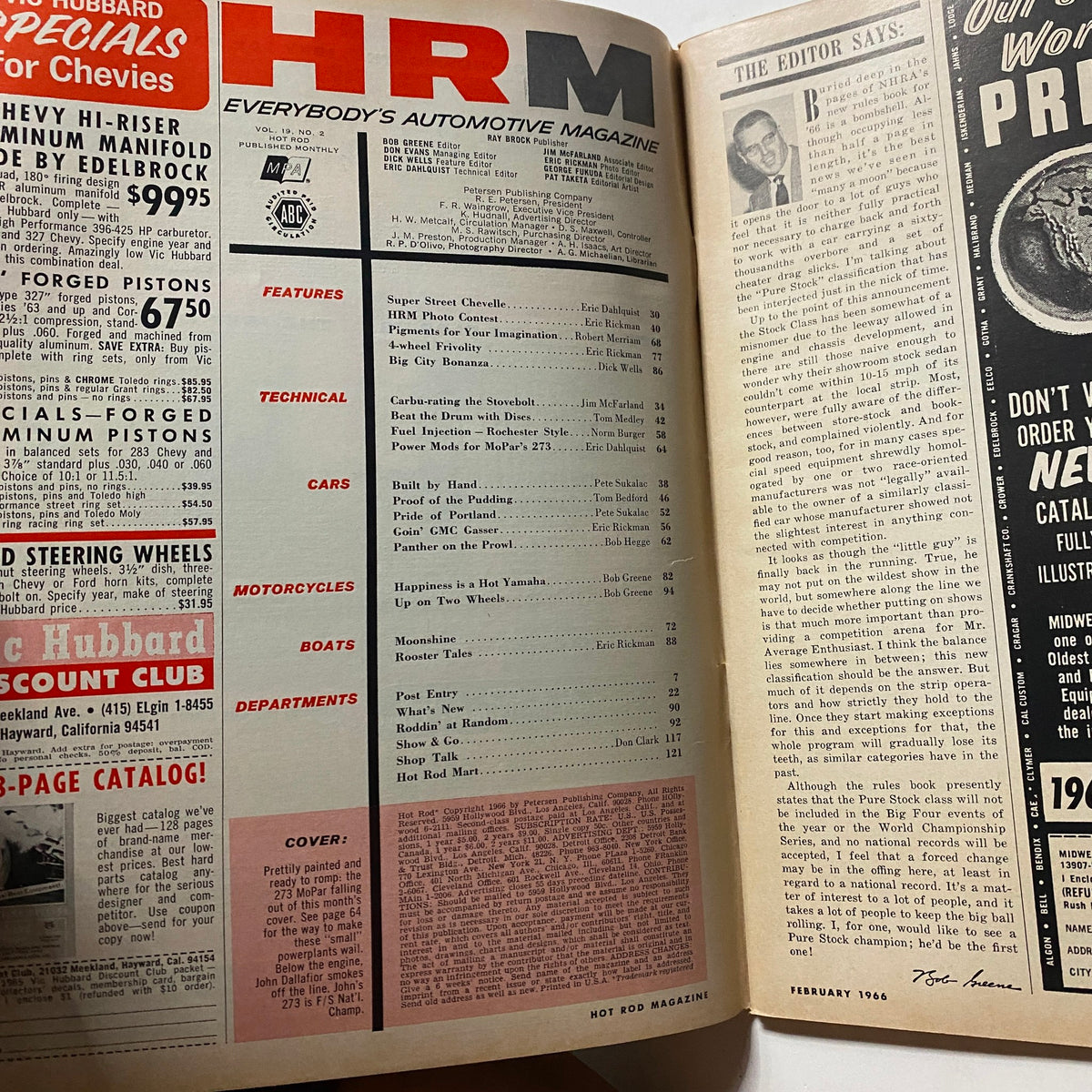 Interior view of VTG Hot Rod Magazine February 1966 showcasing contents page and articles related to classic cars, including features on technical specifications.