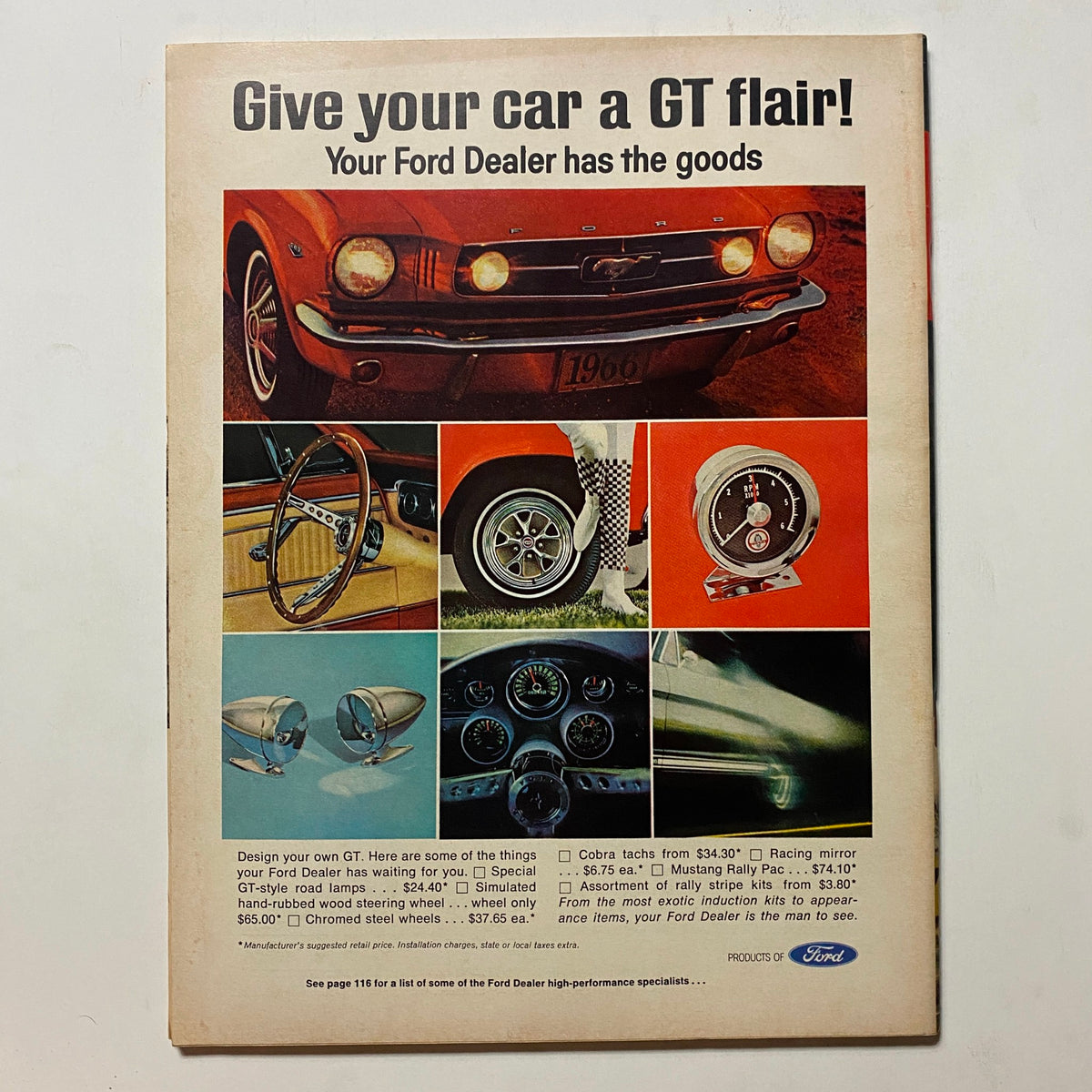 VTG Hot Rod Magazine February 1966 showcasing a promotional advertisement for Ford vehicles, featuring designs for customizing cars, including a 1966 Mustang, various steering wheels, gauges, and wheels, highlighted with vibrant images.