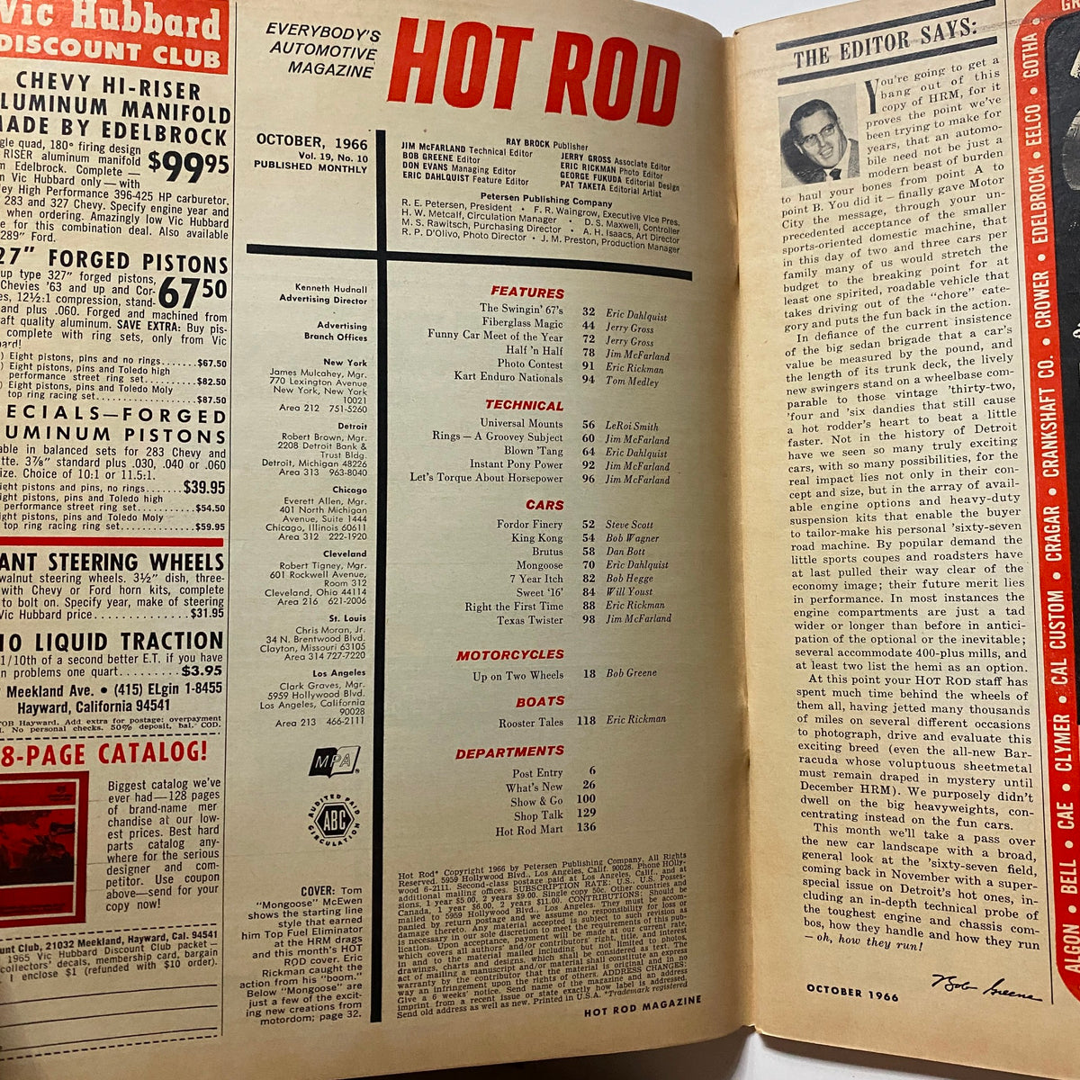 Inside page of VTG Hot Rod Magazine October 1966 displaying the table of contents and editor's notes, reflecting classic automotive magazine layout and features.