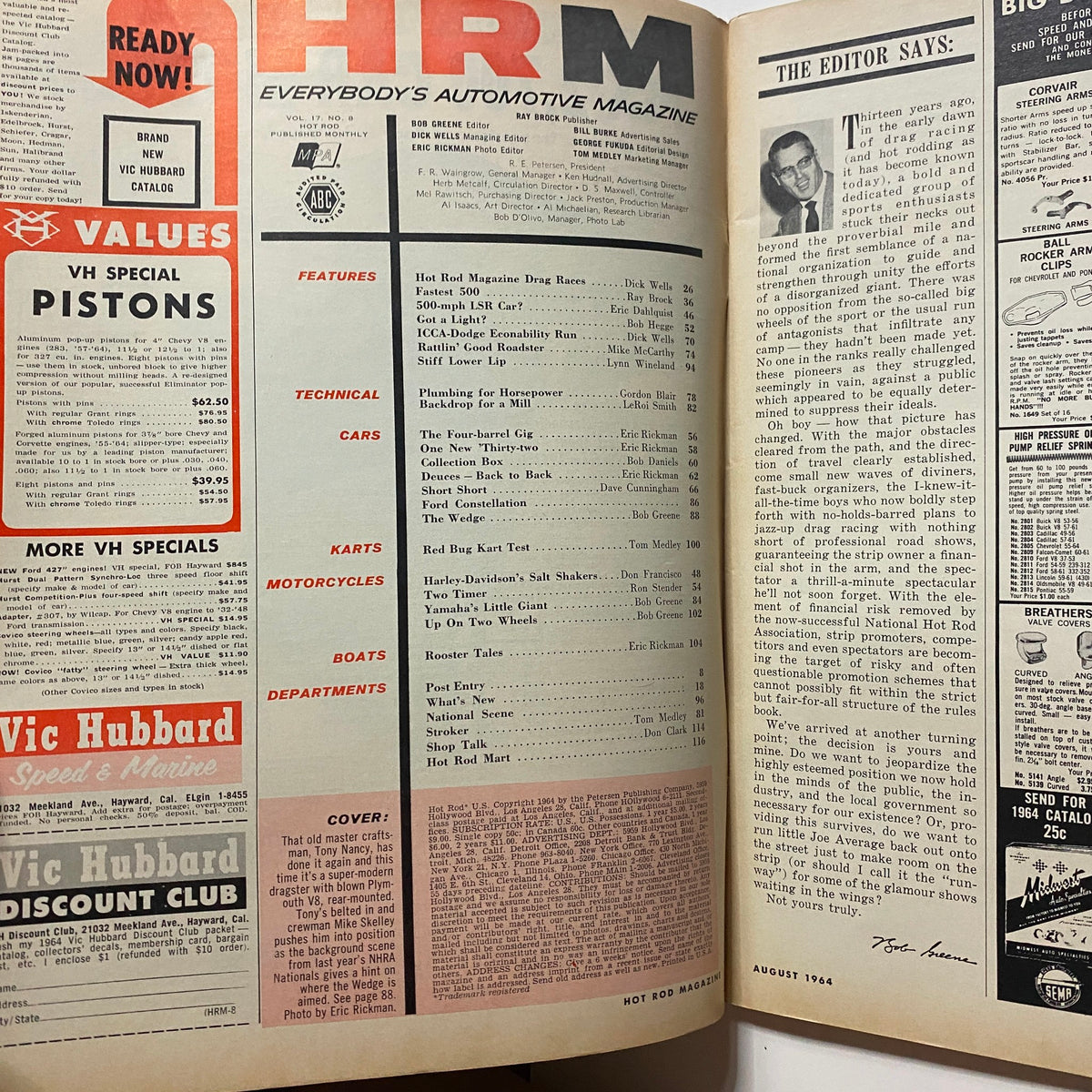 Interior page of VTG Hot Rod Magazine August 1964 displaying editorial content and magazine features relevant to automotive enthusiasts.