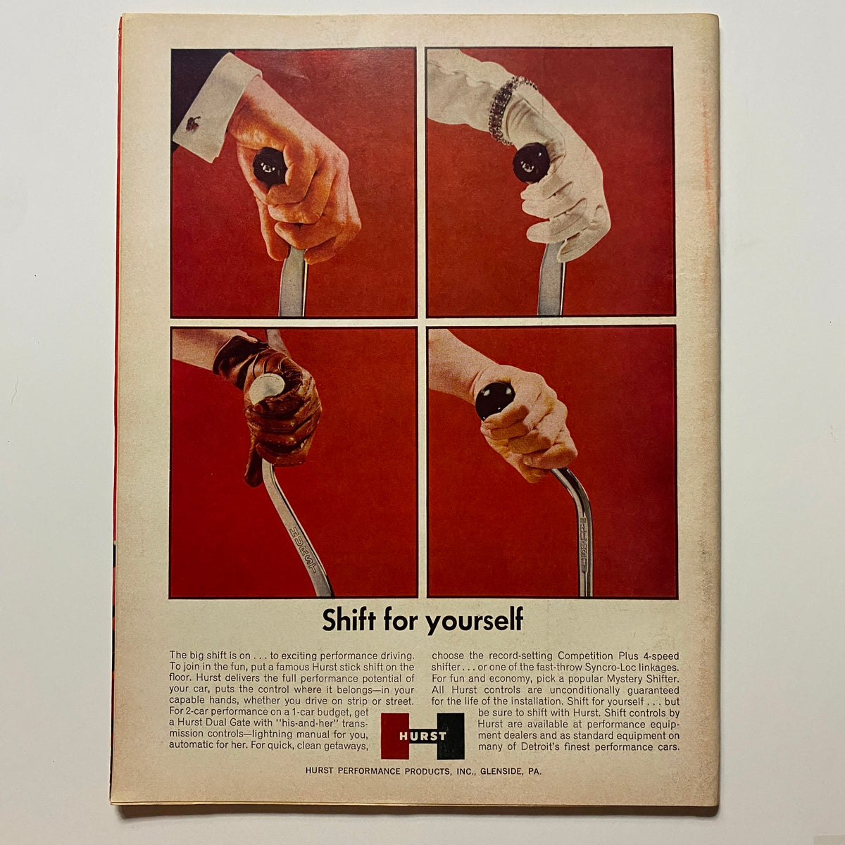 Back cover of VTG Hot Rod Magazine August 1964 featuring Hurst Performance advertisement with a focus on gear shifting technology and racing performance.