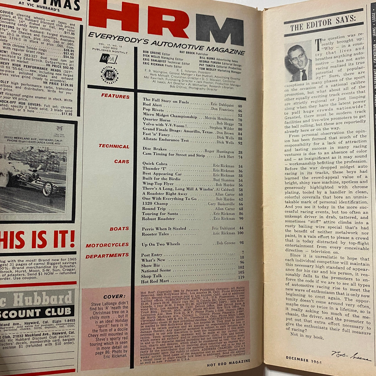 Interior page of VTG Hot Rod Magazine December 1964 showing features, technical details, and the editorial section related to classic cars and disc brakes.