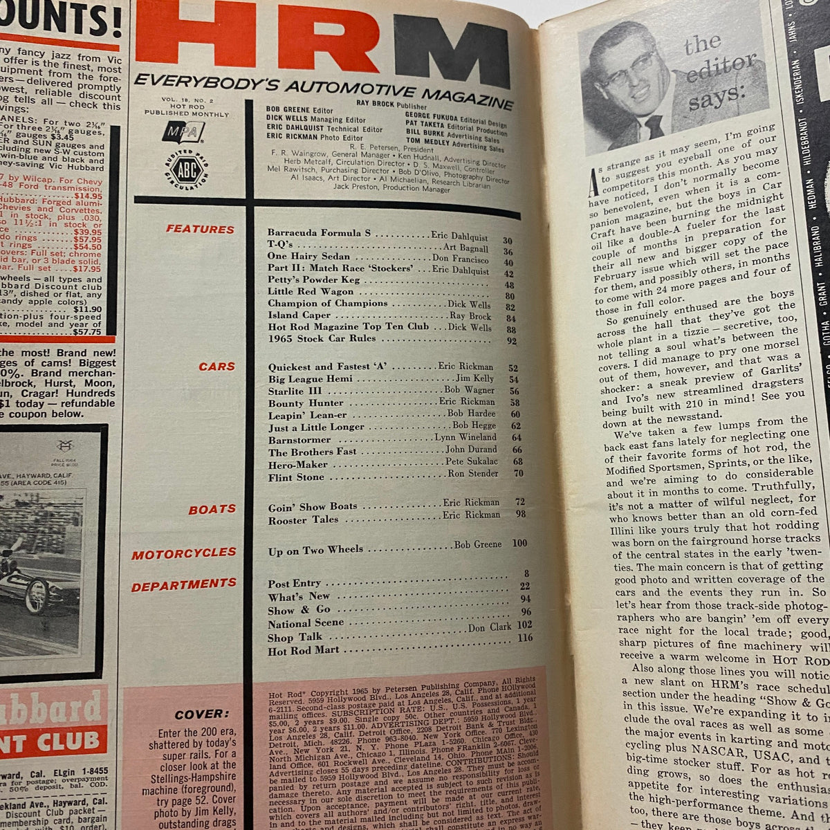 Inside page of VTG Hot Rod Magazine February 1965 displaying the table of contents, highlighting articles on cars, boats, and motorcycles.