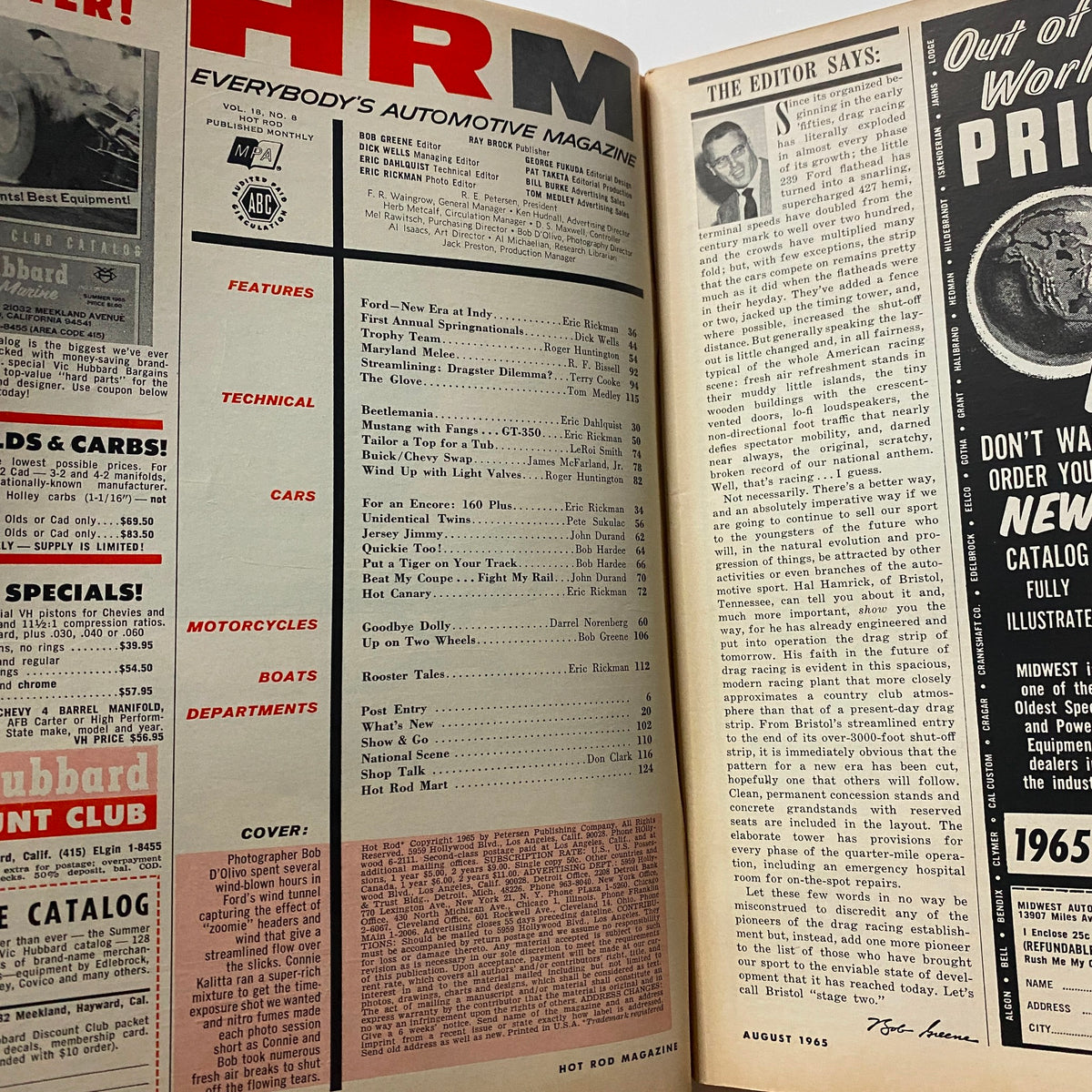Inside page of VTG Hot Rod Magazine August 1965 displaying the table of contents, highlighting features and advertisements related to the automotive industry.