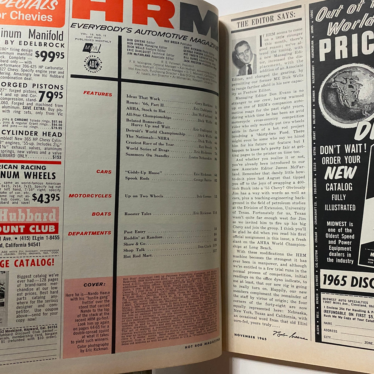 Interior page of VTG Hot Rod Magazine November 1965 showcasing the table of contents and editorial notes, capturing the essence of automotive culture.