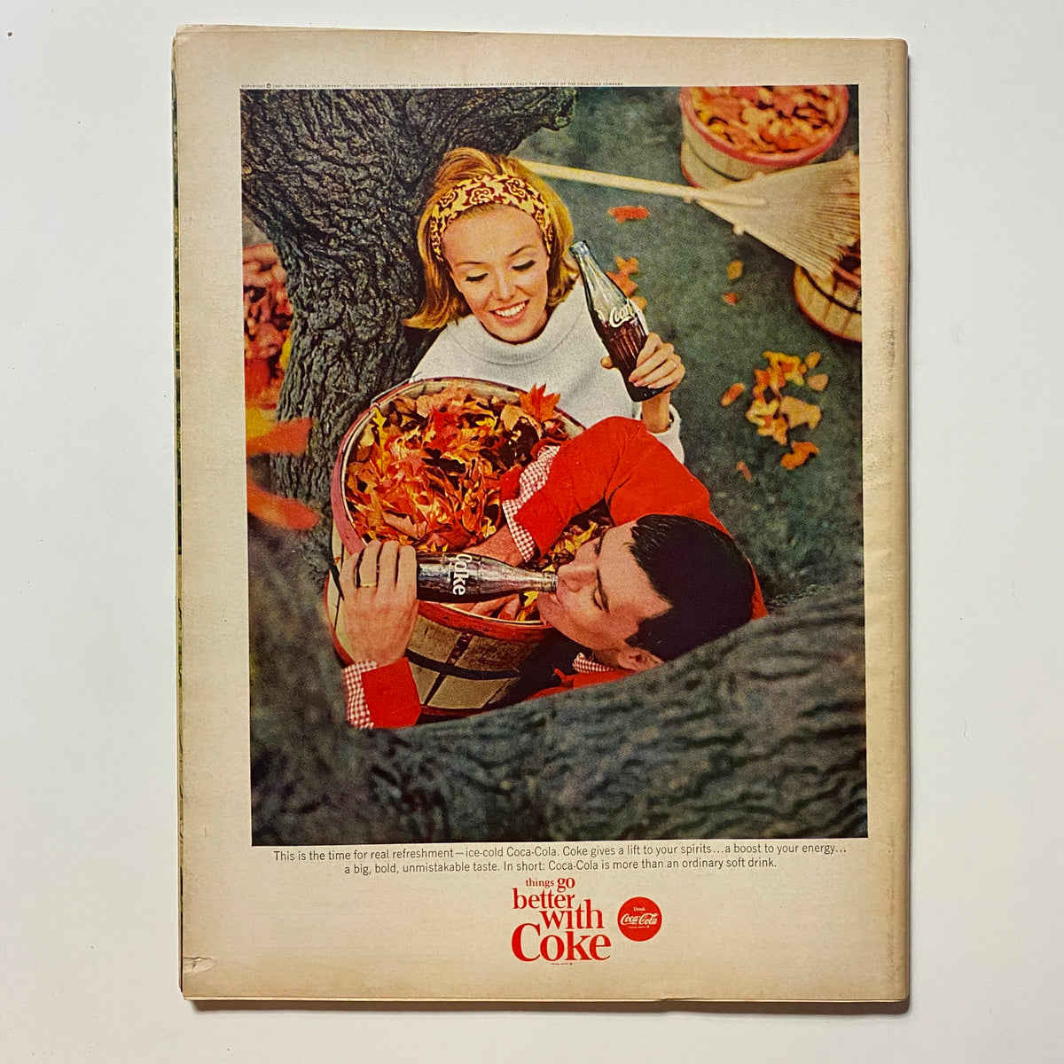 Cover of VTG Hot Rod Magazine November 1965 featuring a vintage Coca-Cola advertisement with a couple enjoying drinks amidst autumn leaves.