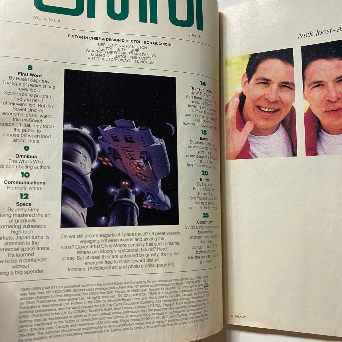 Inside page of Omni Magazine July 1991, Volume 13, Number 10 showing the table of contents with reference to the article Spaceward Ho! and a prominent image of the spacecraft.