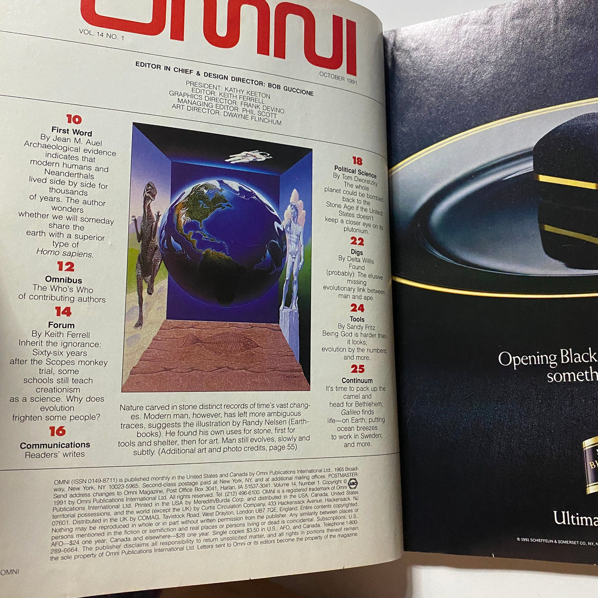 Interior page of Omni Magazine October 1991 Vol 14 No. 1 displaying the table of contents, highlighting articles on evolution, political science, and tools, alongside striking visual illustrations.