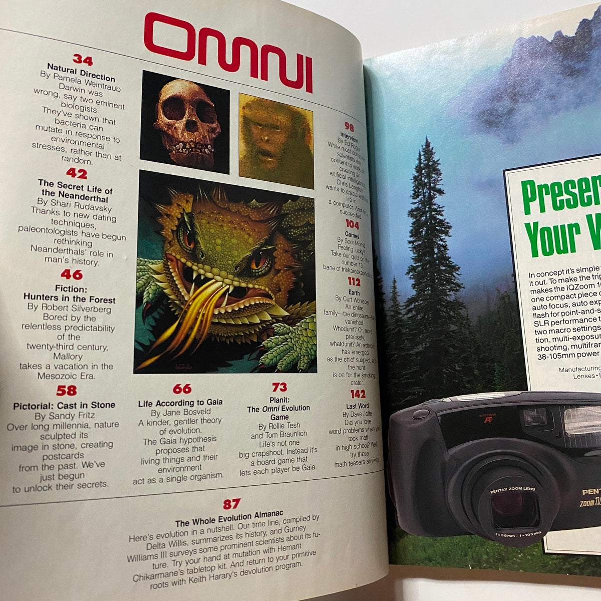 Omni Magazine October 1991 Vol 14 No. 1 The Whole Evolution Almanac showcasing various articles, including topics on evolution, illustrated content, and captivating visuals. This double-page spread features the magazine's creative layout and intriguing article highlights.