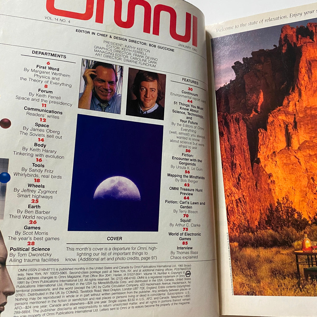 Interior page of Omni Magazine January 1992 Vol 14 No. 4 showcasing articles and features, including a table of contents and visuals related to science and future trends.