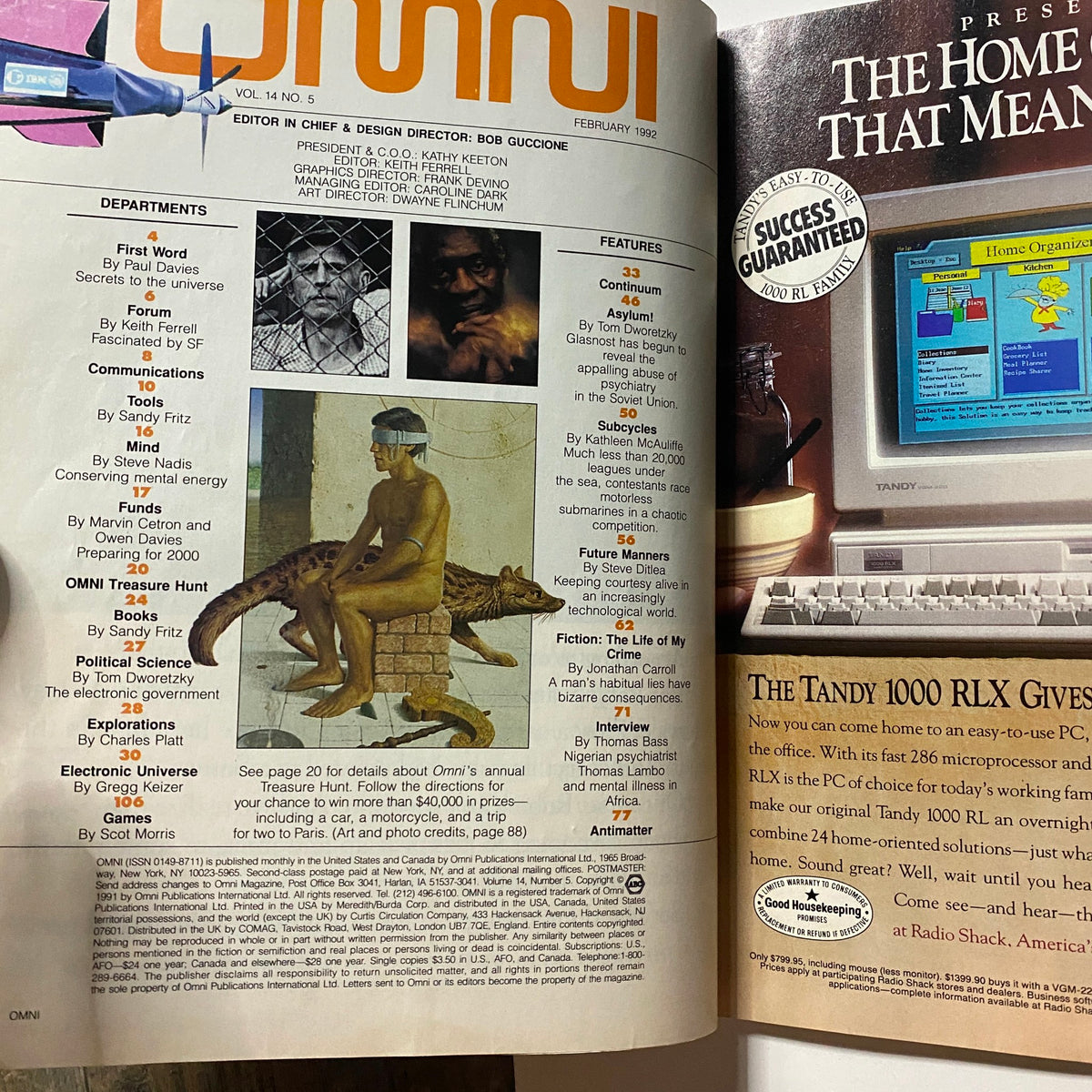 Inside view of Omni Magazine February 1992 Vol 14 No 5 displaying the table of contents and features including fiction titled 'The Life of My Crime' and various departments like communications and electronic universe.