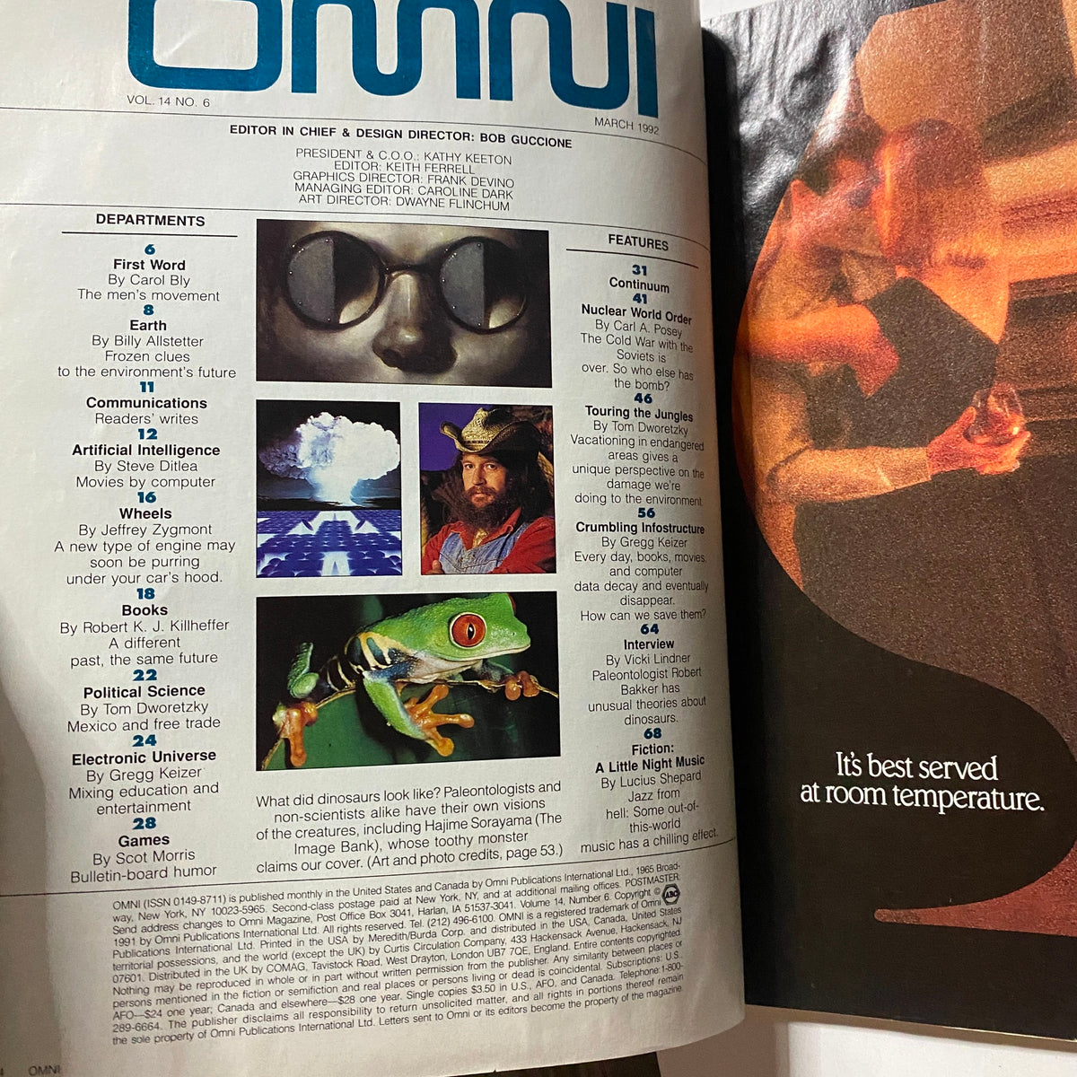 Table of contents page from Omni Magazine March 1992 Vol 14 No. 6, showcasing featured articles and departments related to science and exploration.