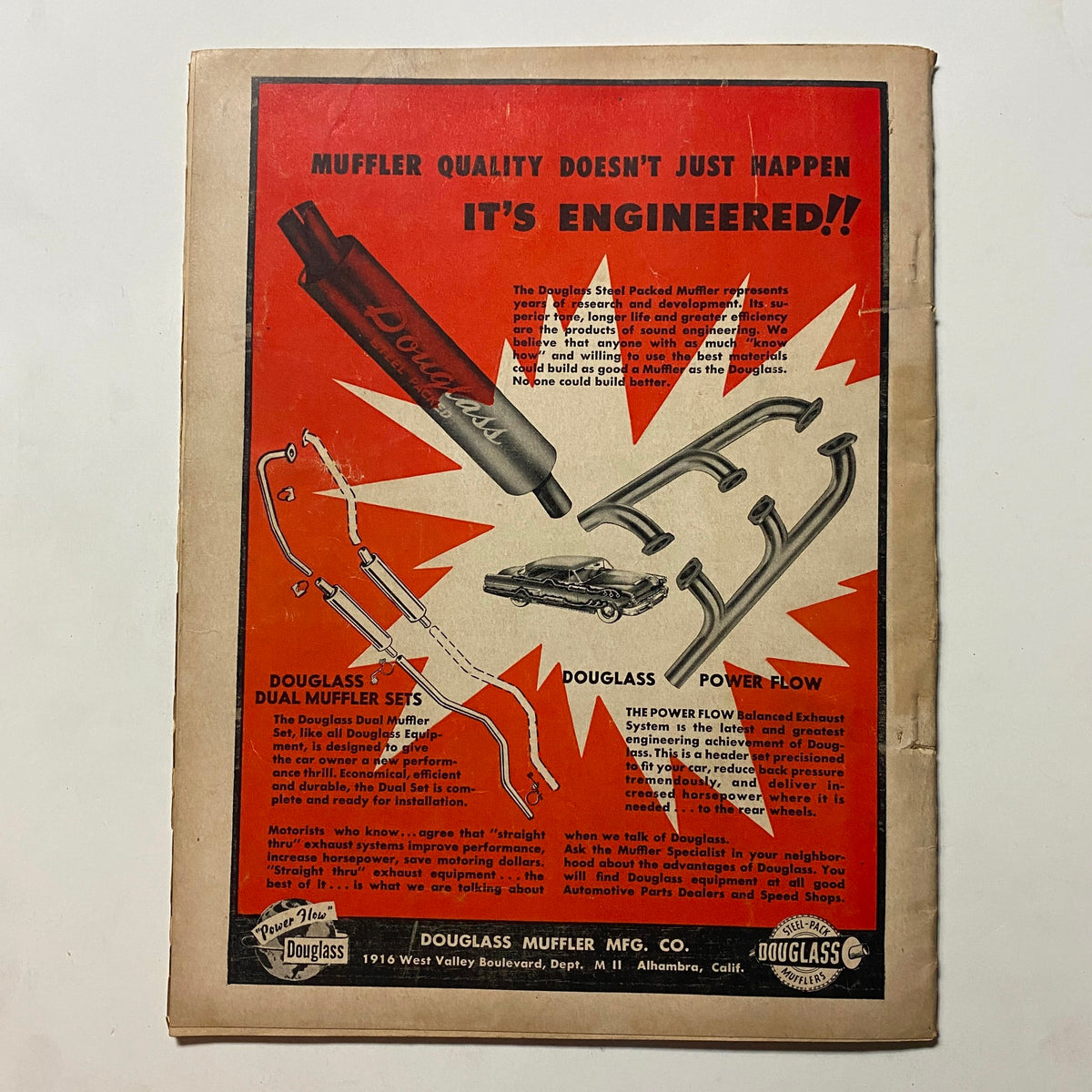 Advertisement page from the November 1953 Motor Trend Magazine for Douglass Mufflers, emphasizing engineered quality and performance.