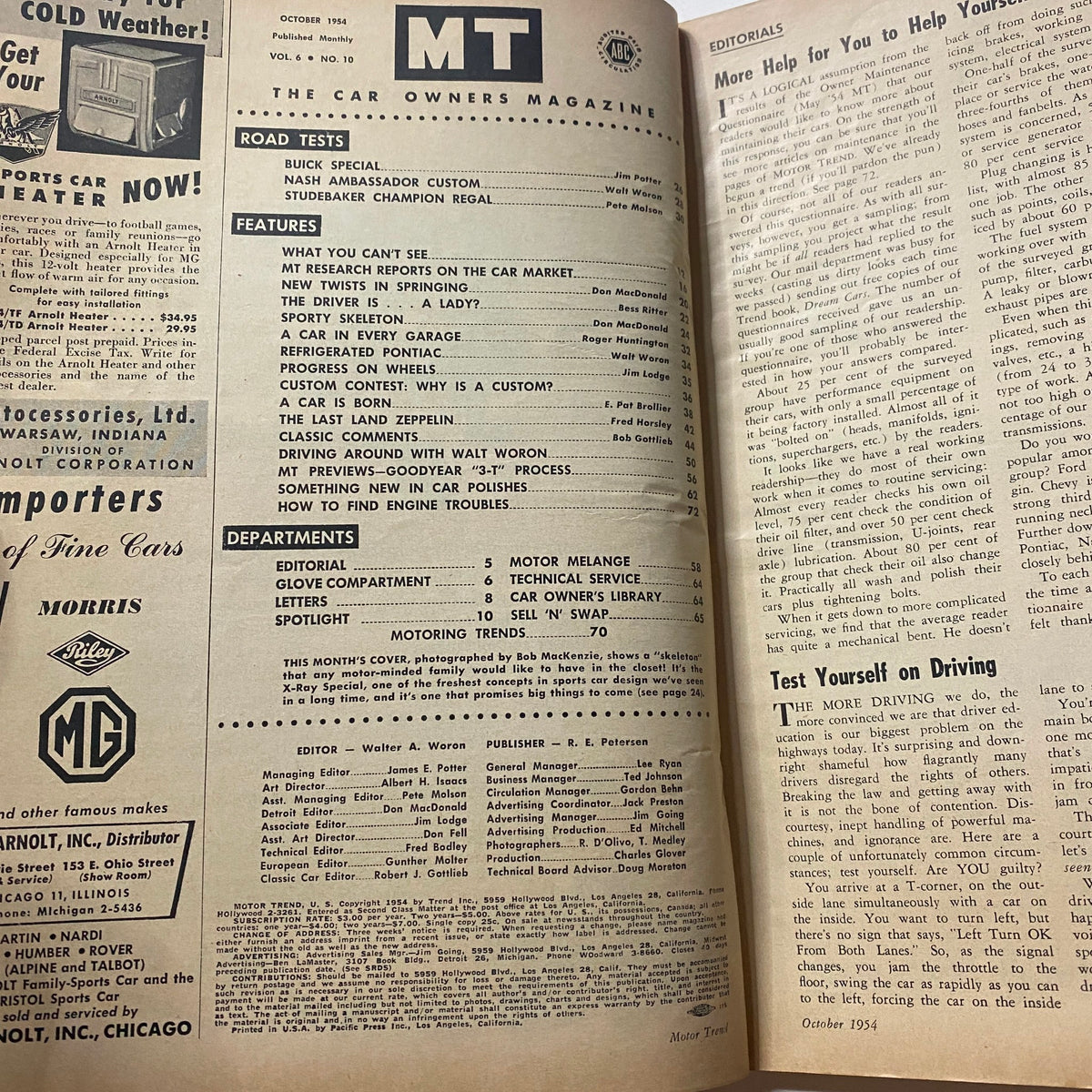 Inside page of VTG Motor Trend Magazine October 1954 displaying editorial content and features related to automotive testing and trends.