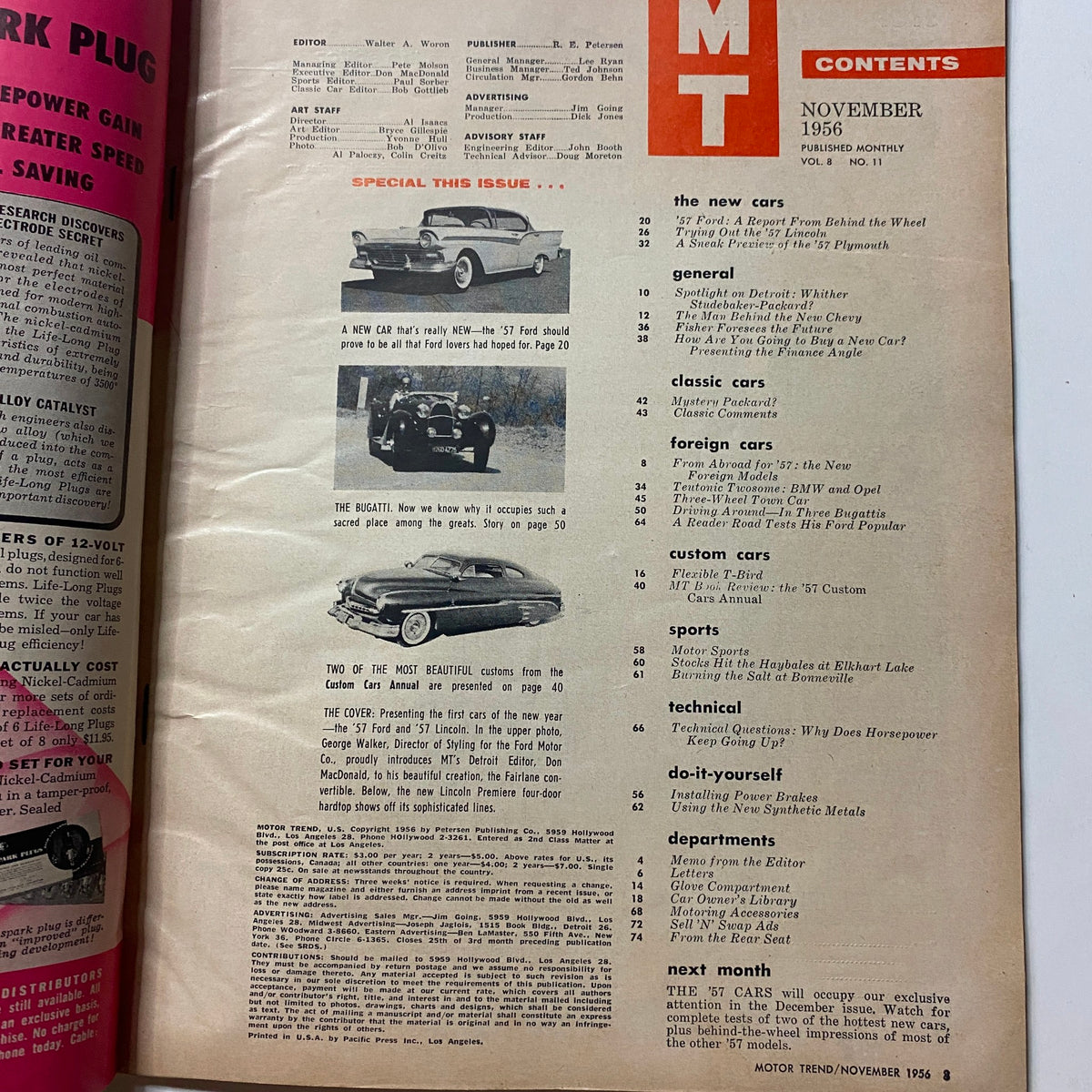 Table of contents page from VTG Motor Trend Magazine November 1956, outlining articles on new cars, classic cars, and automotive technical insights.