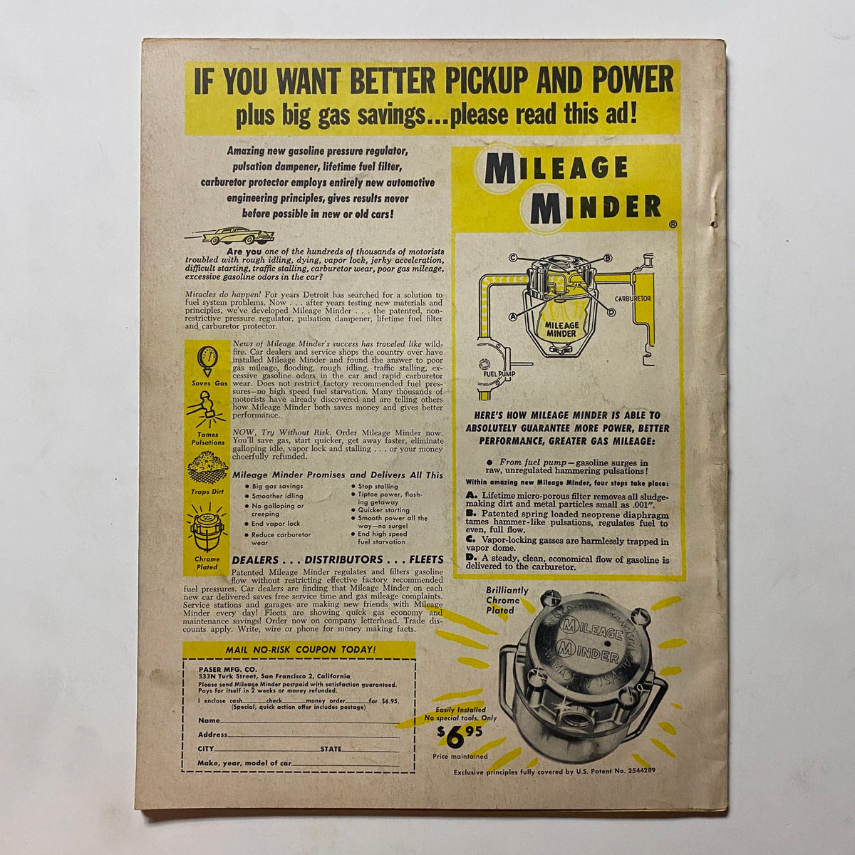 Back cover of VTG Motor Trend Magazine November 1956 featuring an advertisement for Mileage Minder, promoting fuel efficiency improvements.