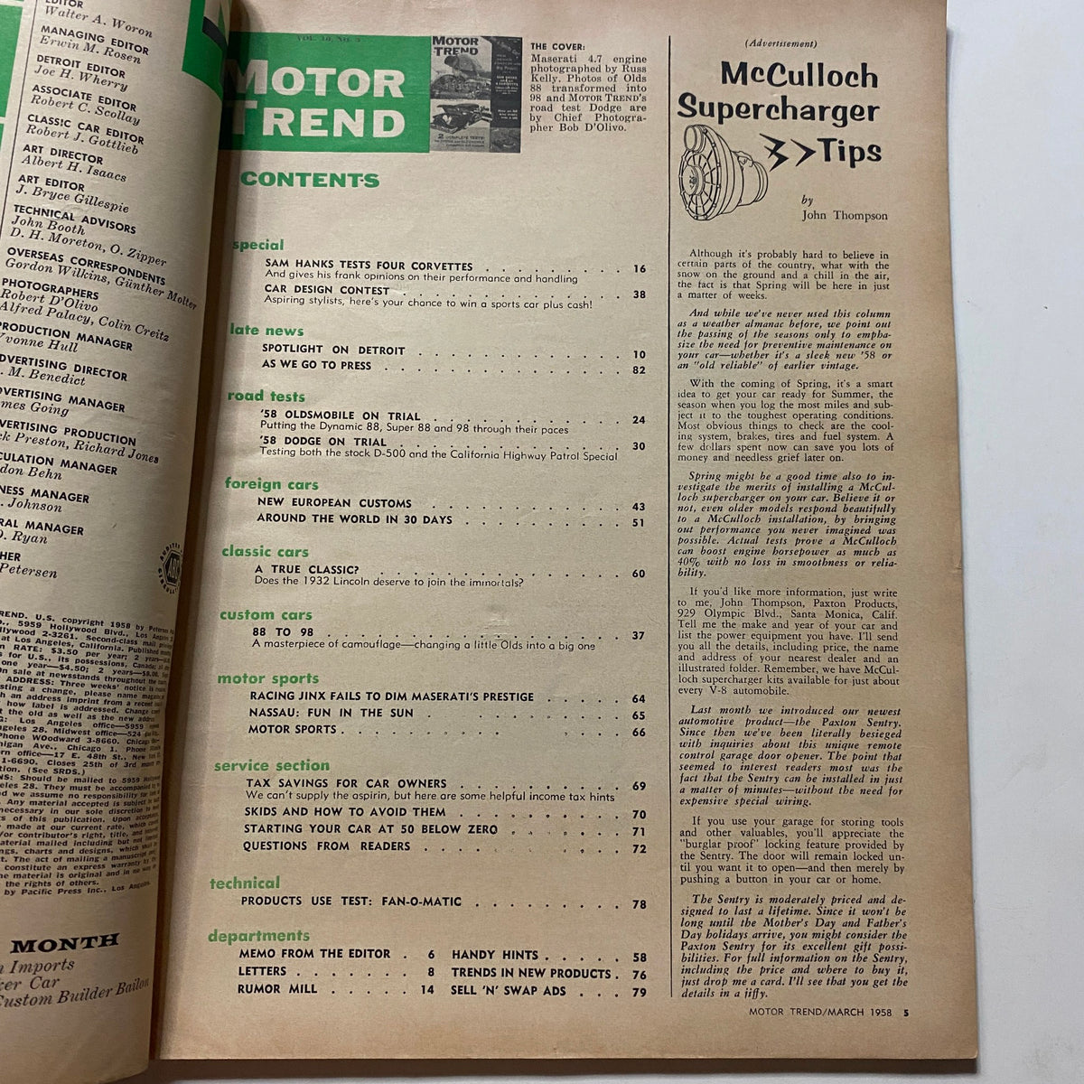 Contents page of VTG Motor Trend Magazine March 1958, listing articles including Sam Hanks tests on Corvettes, road tests, and features on classic cars.