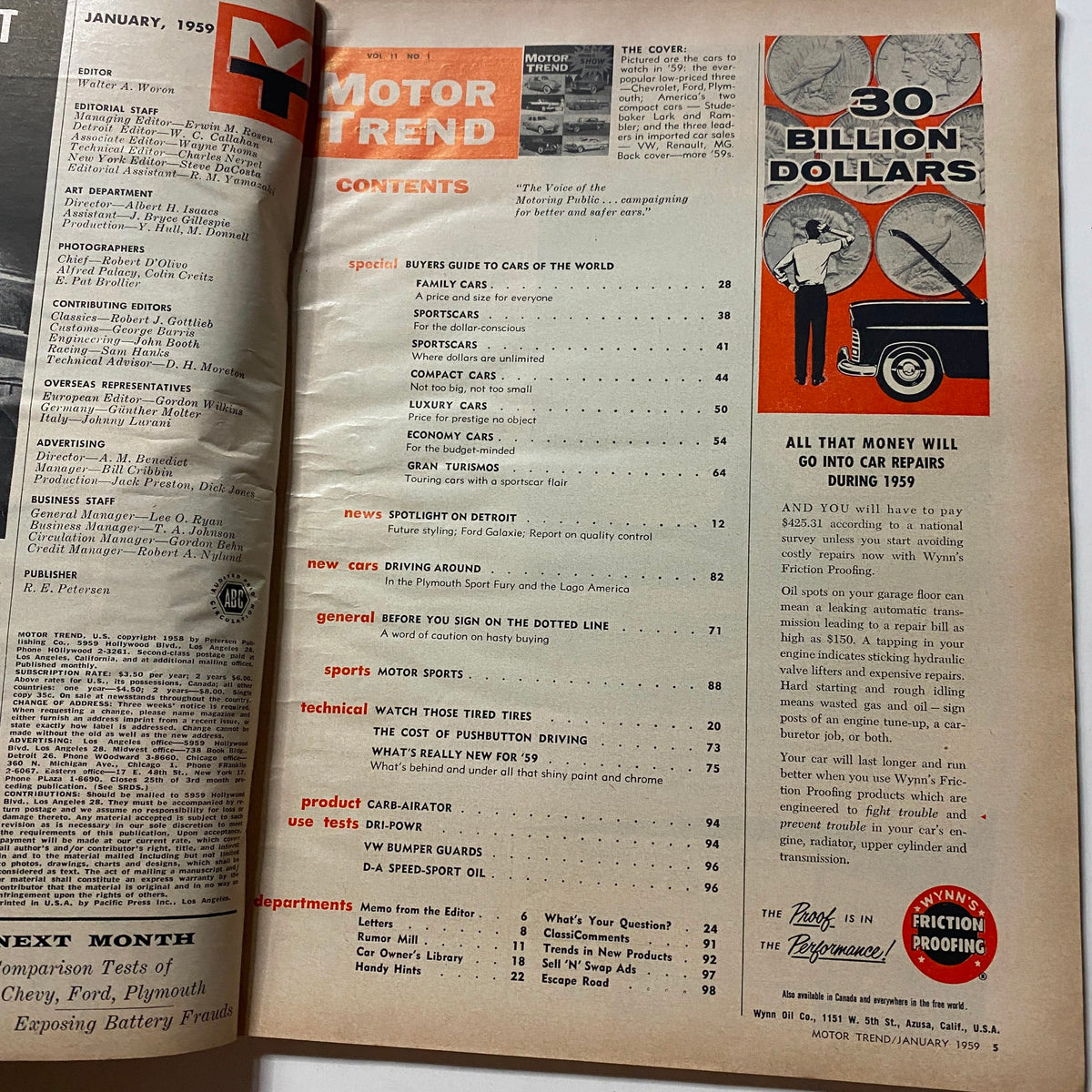 Vintage Motor Trend Magazine January 1959 Spotlight on Detroit No Label