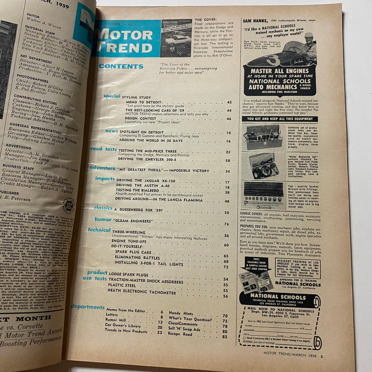 Contents page of VTG Motor Trend Magazine from March 1959, featuring articles on Dodge, Mercury, and Pontiac alongside technical information and road tests.