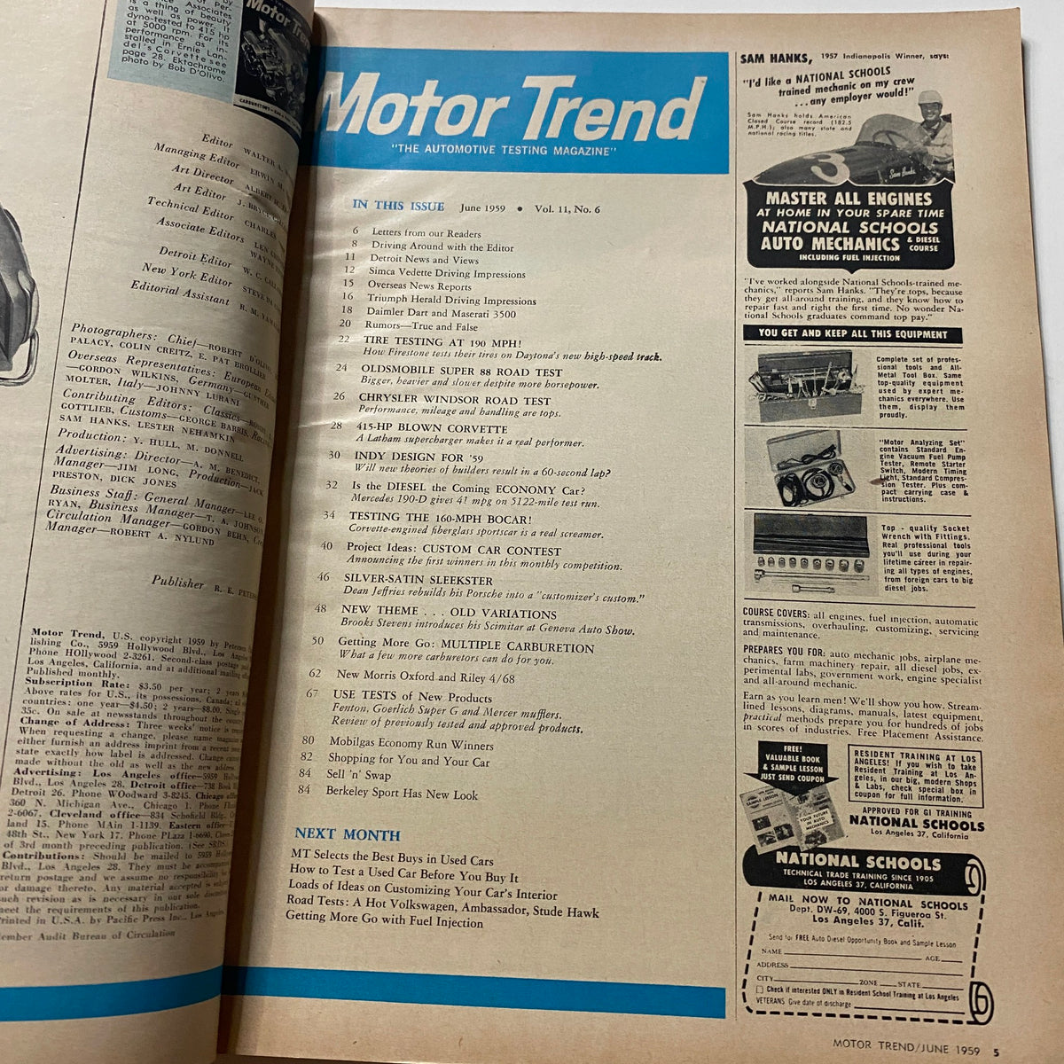 Inside page of VTG Motor Trend Magazine June 1959 showing the table of contents and editorial details. This page reflects the magazine's focus on automotive testing and features from that era.